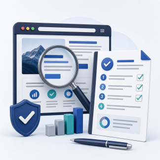 Illustration eines Website-Audits mit Browser, Lupe, Prüfbericht und Vertrauenssymbolen