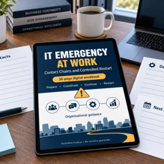 Illustrative mockup of IT Emergency at Work, a 36-page English digital workbook about contact chains and controlled restart.