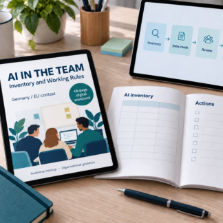 Illustrative mockup of AI in the Team, a 48-page English digital workbook about inventory and working rules.