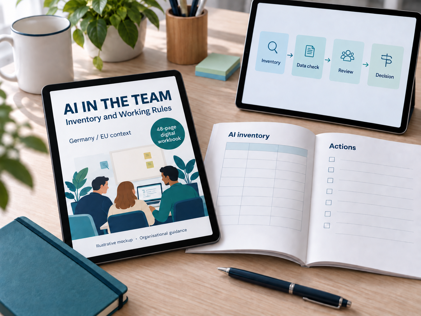 Illustrative mockup of AI in the Team, a 48-page English digital workbook about inventory and working rules.
