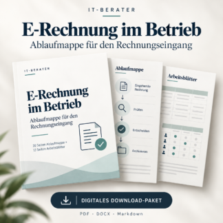E-Rechnung im Betrieb: digitales Download-Paket mit 20 Seiten Ablaufmappe, 13 Seiten Arbeitsblättern und editierbaren Dateien. Symbolische Produktdarstellung.