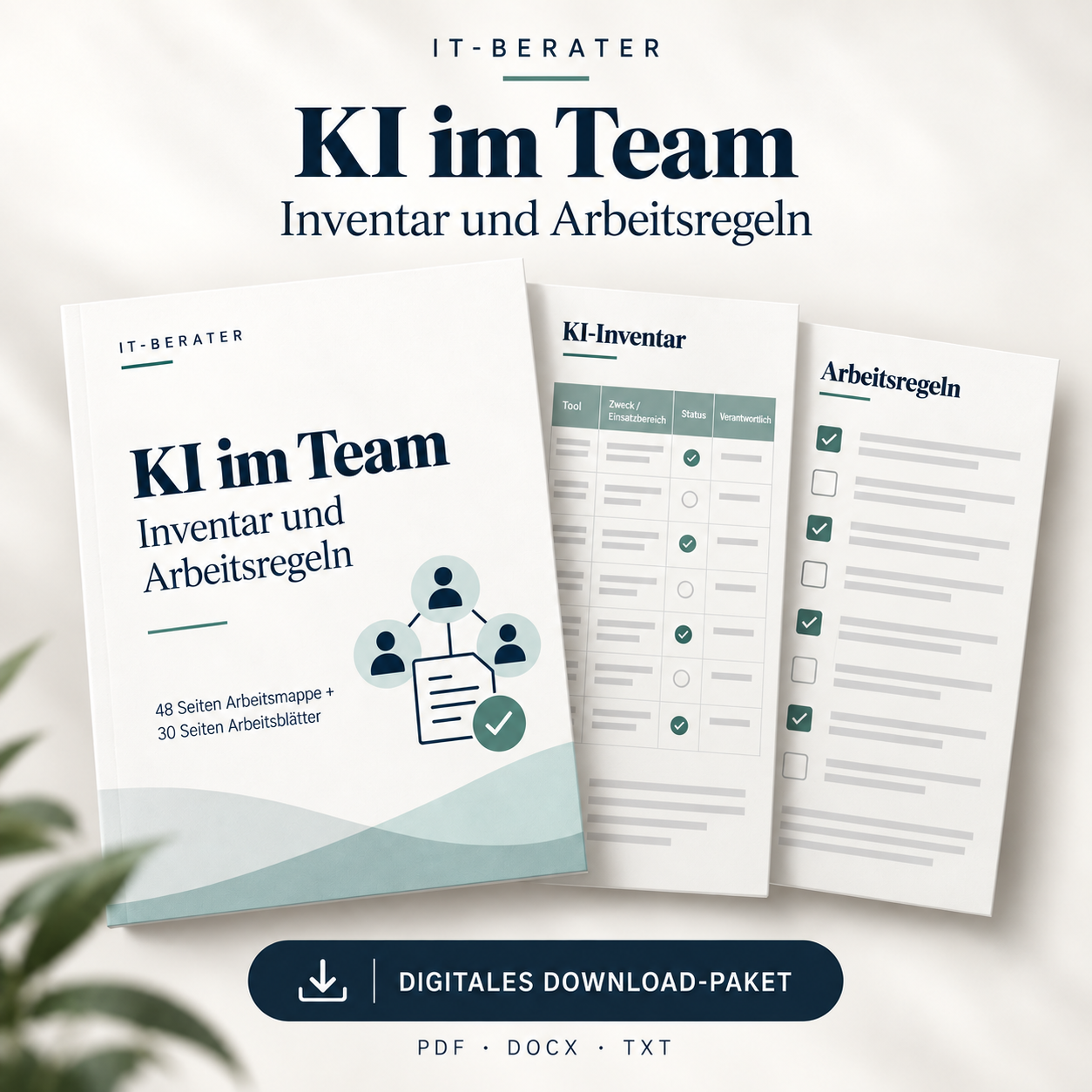 KI im Team – Inventar und Arbeitsregeln: digitales Download-Paket mit 48 Seiten Arbeitsmappe und 30 Seiten Arbeitsblättern.