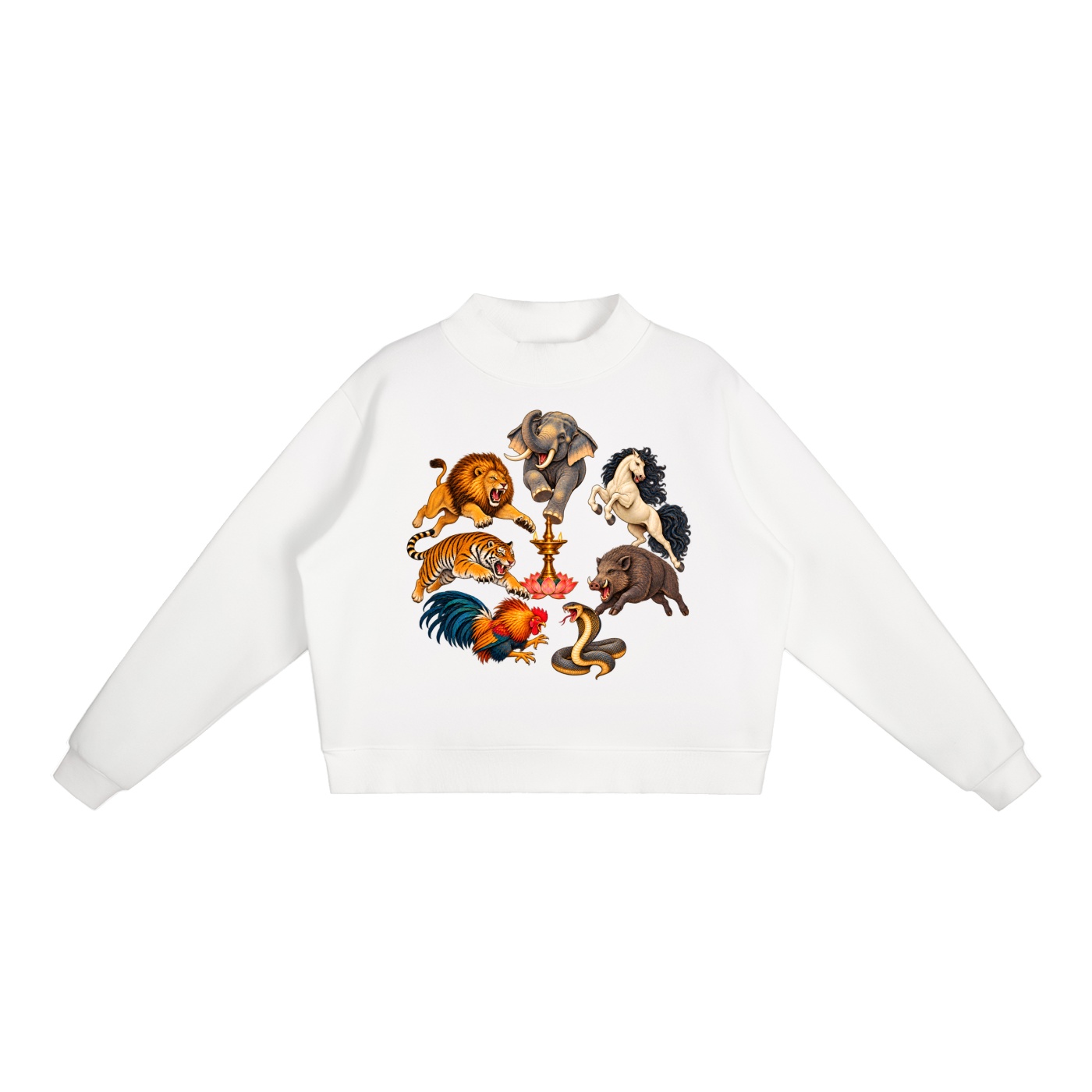 Kalari A – Damen-Fleece-Sweatshirt, Dynamische Tiere in Weiß