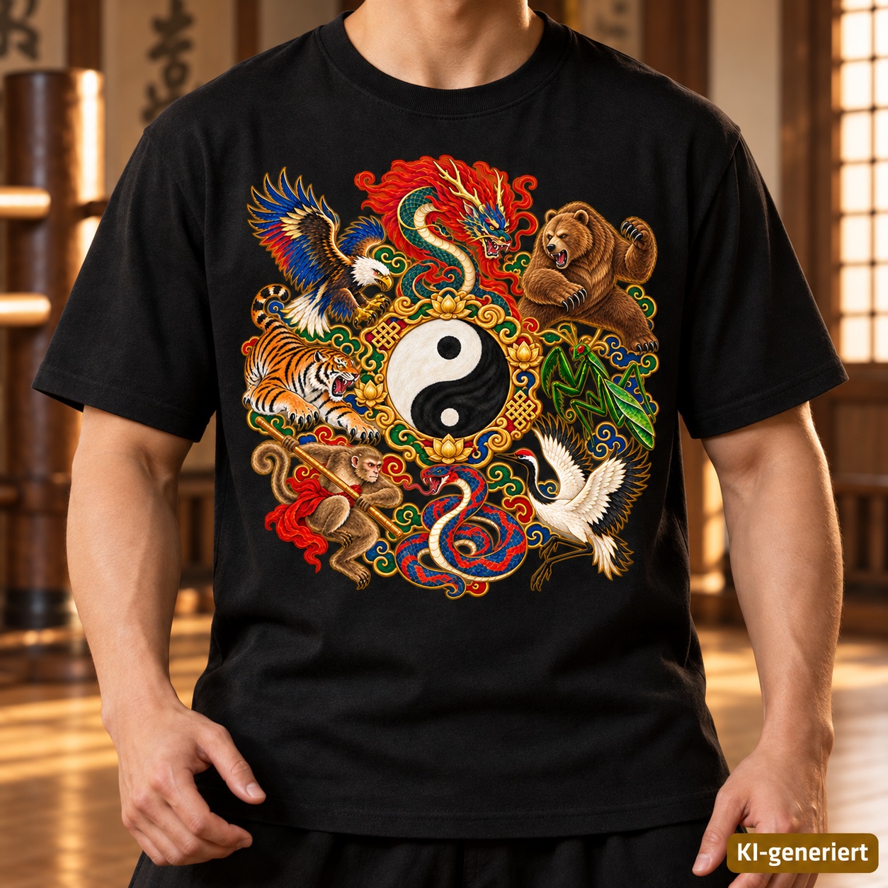 KI-generierte Szene: All Style Kung Fu – Bear Temple Gold – T-Shirt – Produktansicht