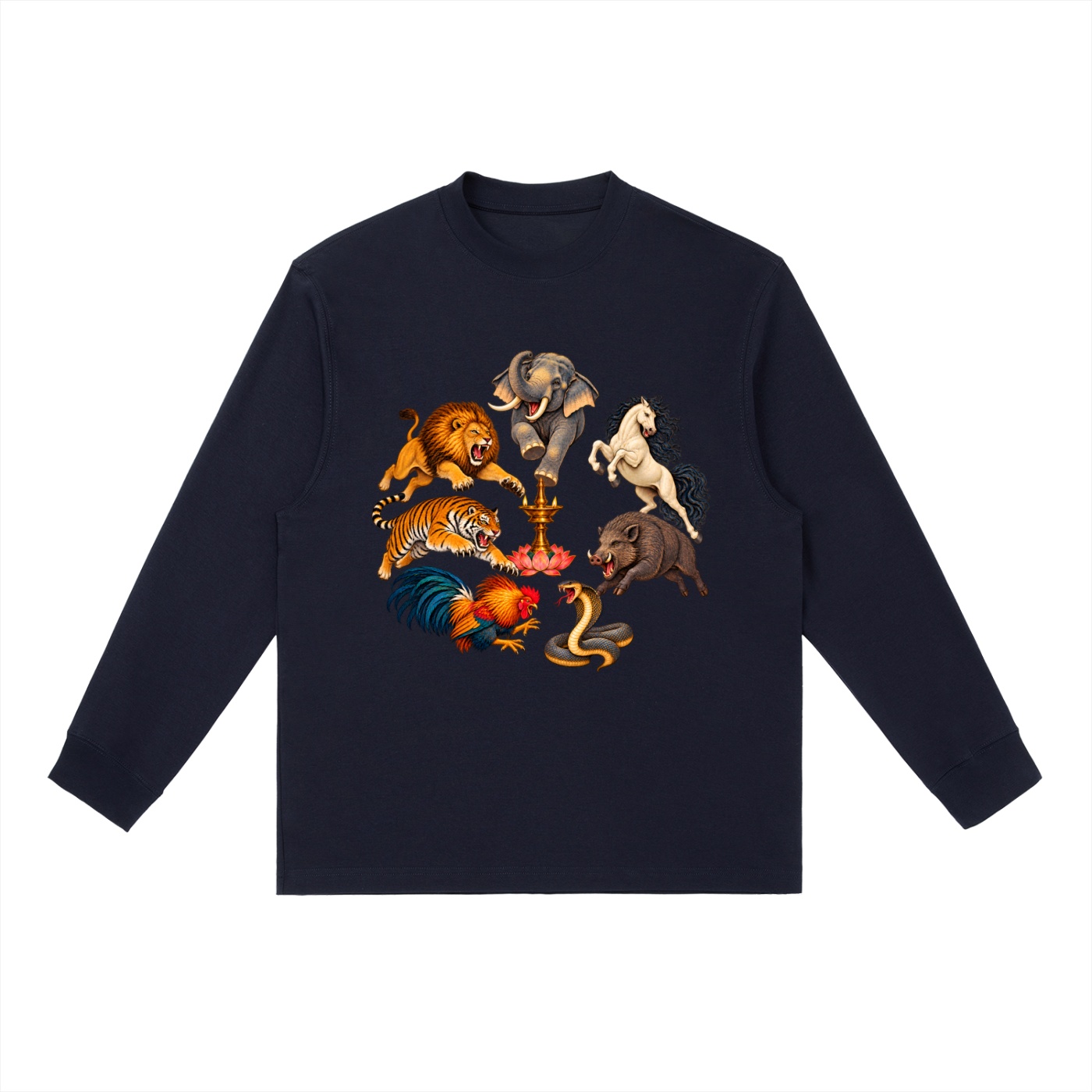 Kalari A – Langarmshirt, Dynamische Tiere in Marineblau