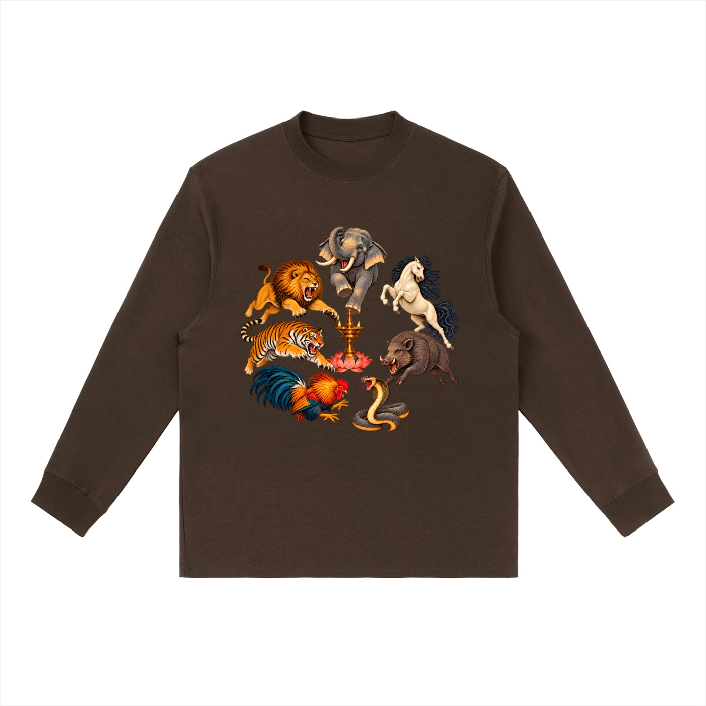 Kalari A – Langarmshirt, Dynamische Tiere in Kaffeebraun