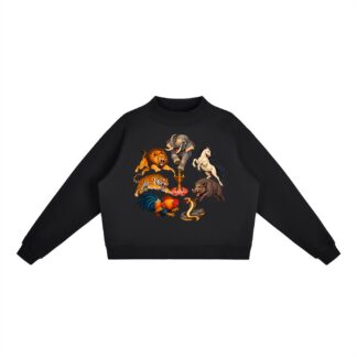 Kalari A – Damen-Fleece-Sweatshirt, Dynamische Tiere in Schwarz
