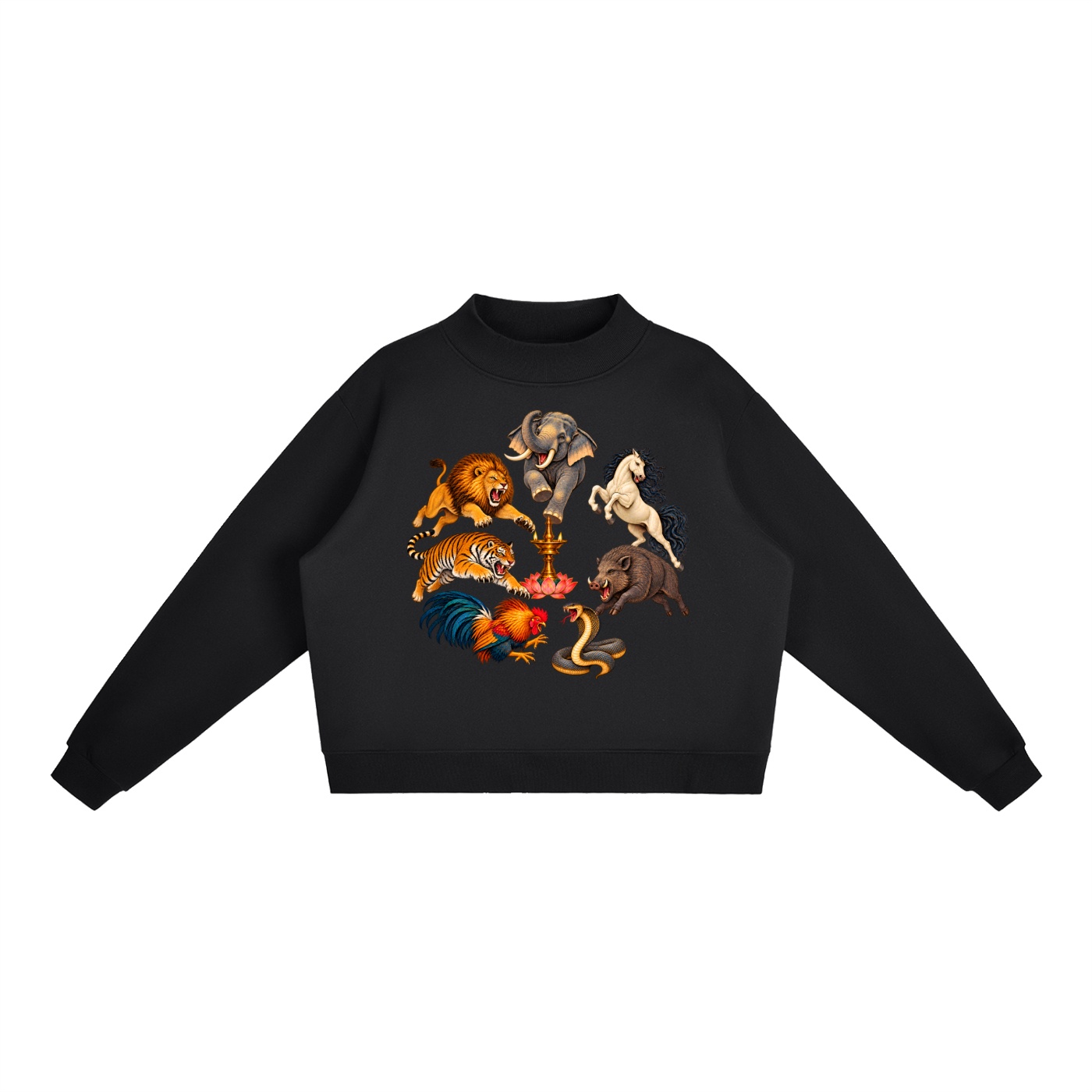 Kalari A – Damen-Fleece-Sweatshirt, Dynamische Tiere in Schwarz