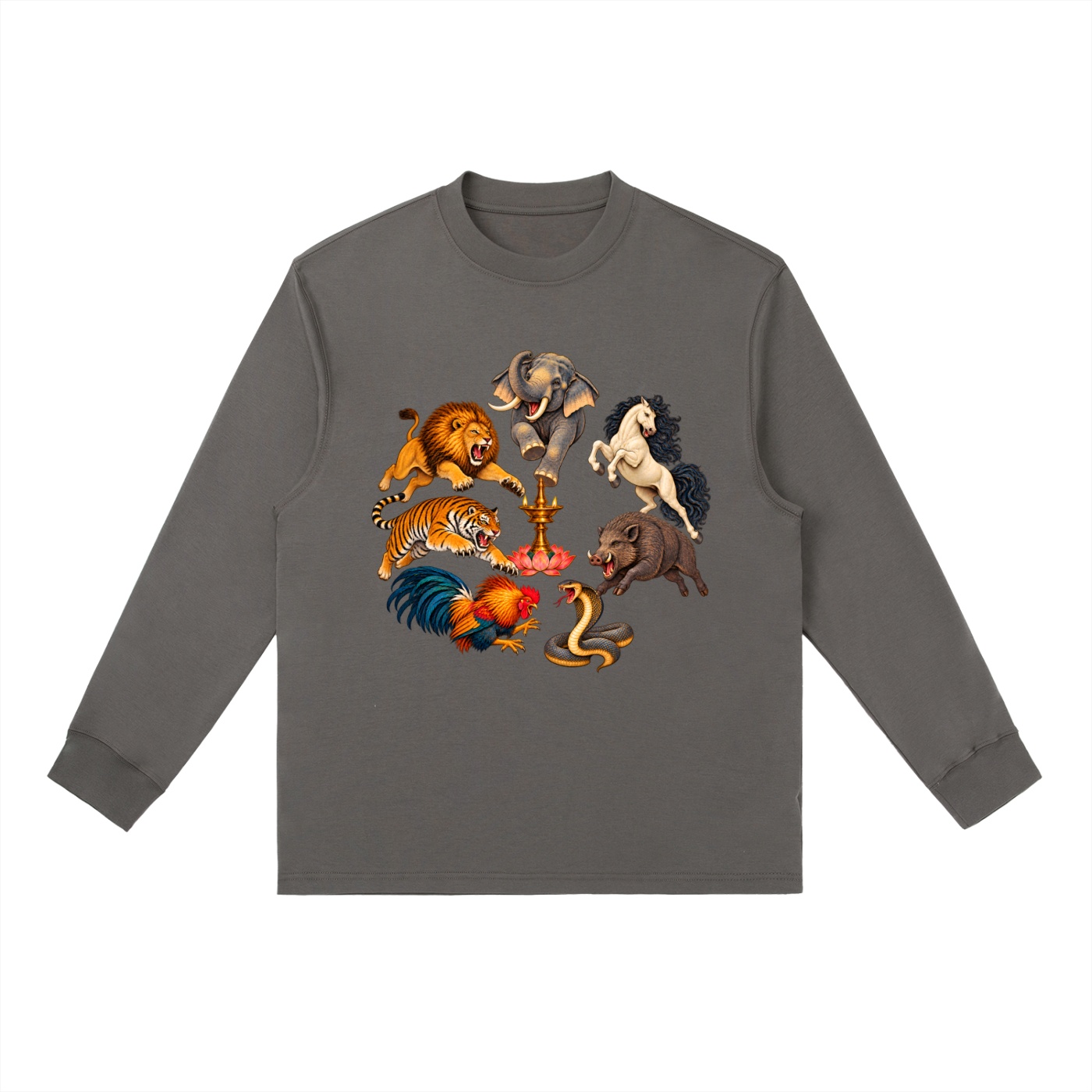 Kalari A – Langarmshirt, Dynamische Tiere in Dunkelgrau