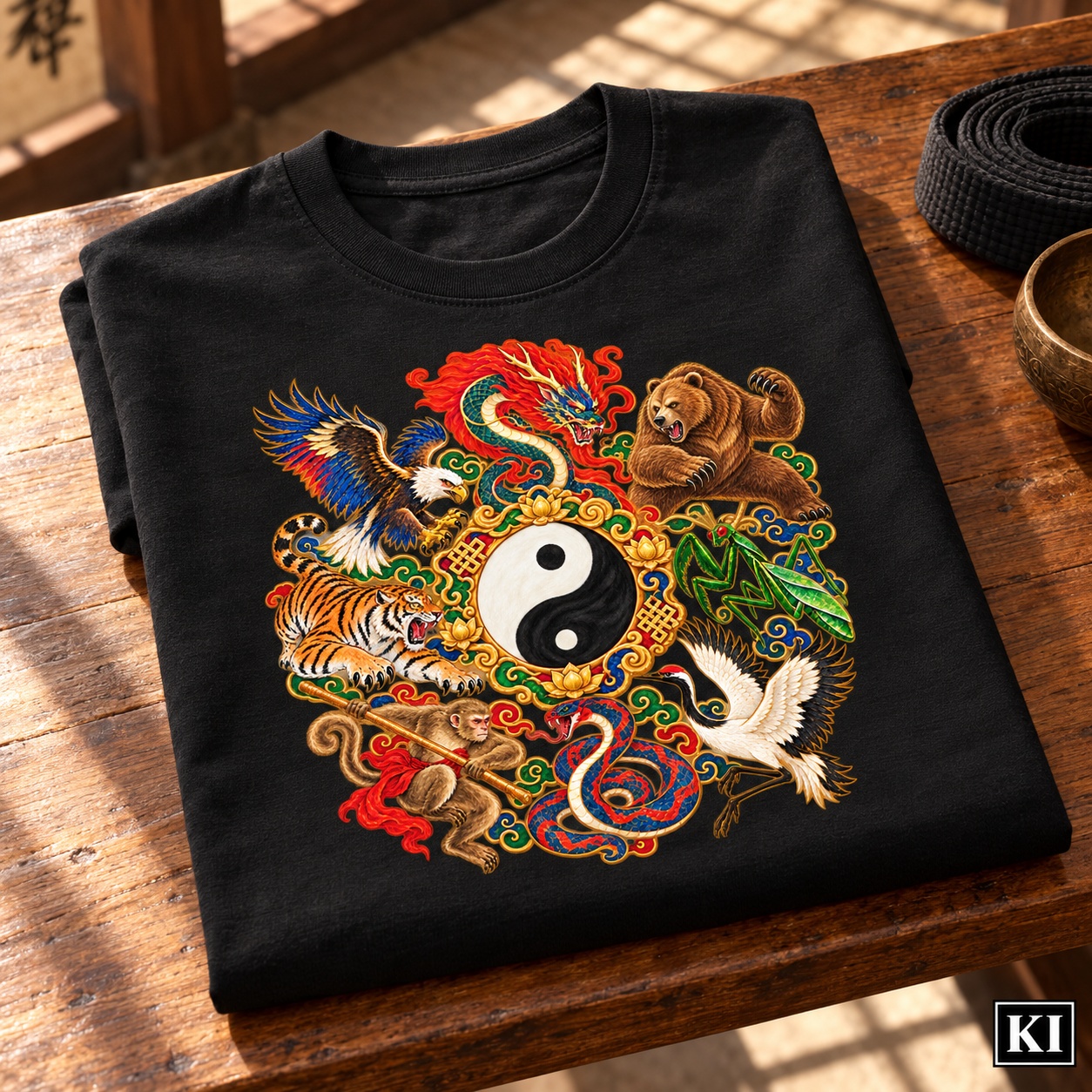 KI-generierte Szene: All Style Kung Fu – Bear Temple Gold – T-Shirt – Produktansicht