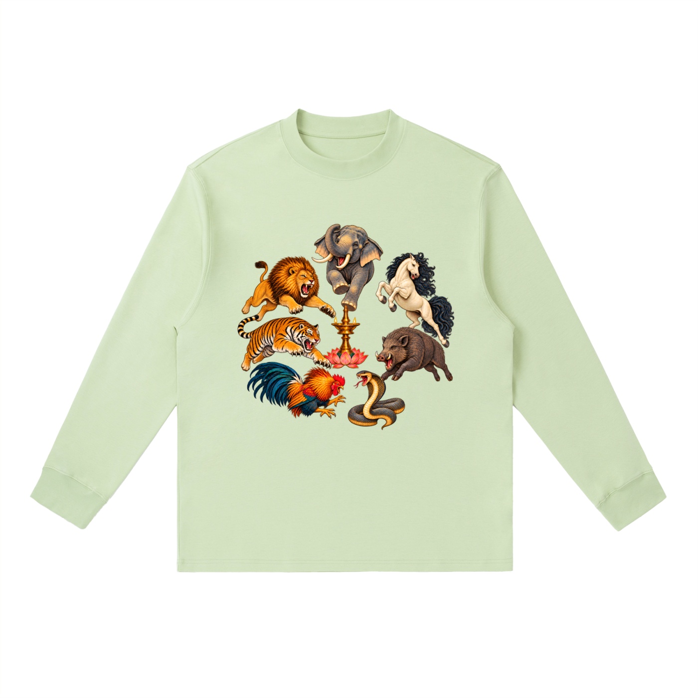Kalari A – Langarmshirt, Dynamische Tiere in Bohnengrün