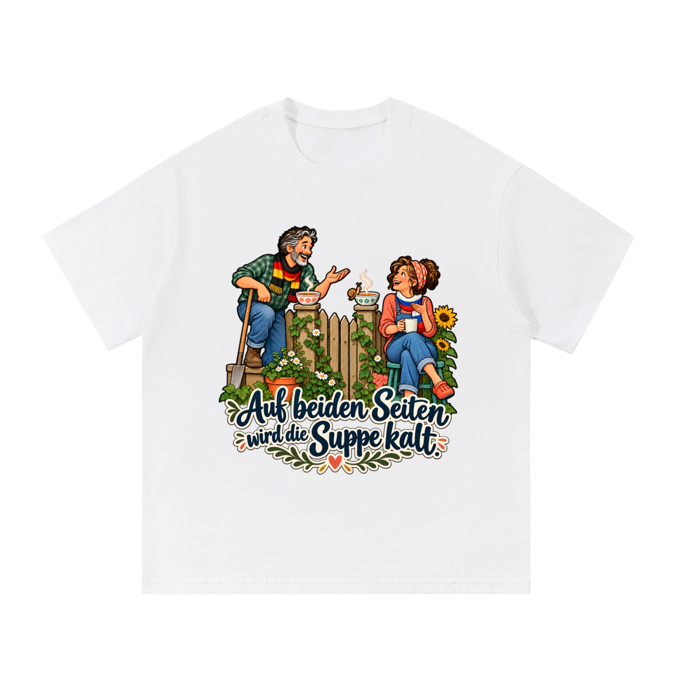Auf beiden Seiten wird die Suppe kalt. (Nachbarn am Gartenzaun) – T-Shirt · Motiv 2 – Bild 3