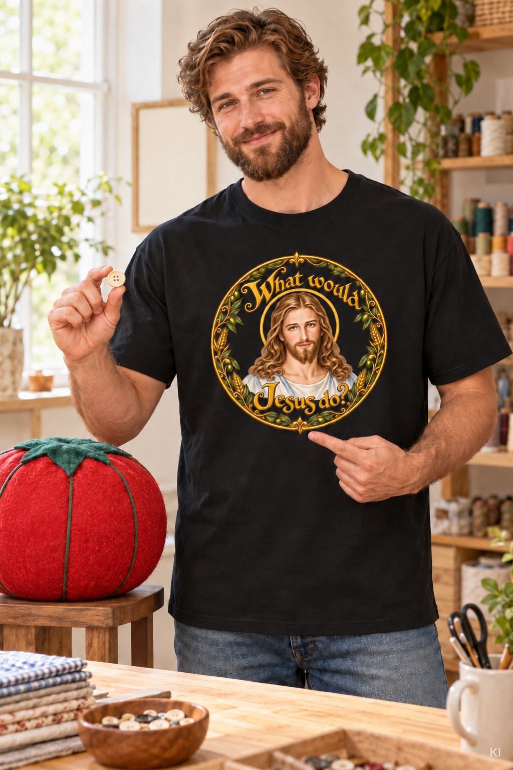 Was würde Jesus tun? Porträt-Kranz (Variante 4) – T-Shirt – Bild 4
