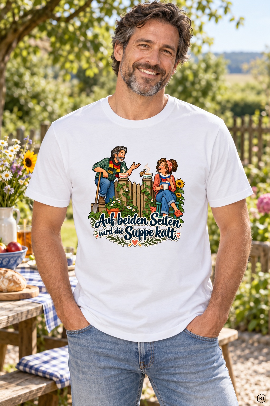 Auf beiden Seiten wird die Suppe kalt. (Nachbarn am Gartenzaun) – T-Shirt · Motiv 2 – Bild 10