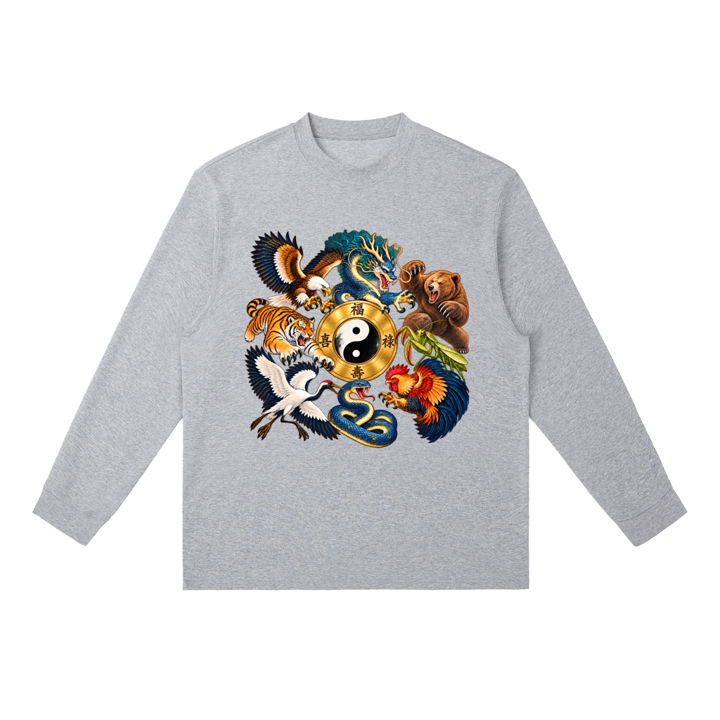 Kung-Fu B – Langarmshirt, Dynamische Tiere in Blumengrau