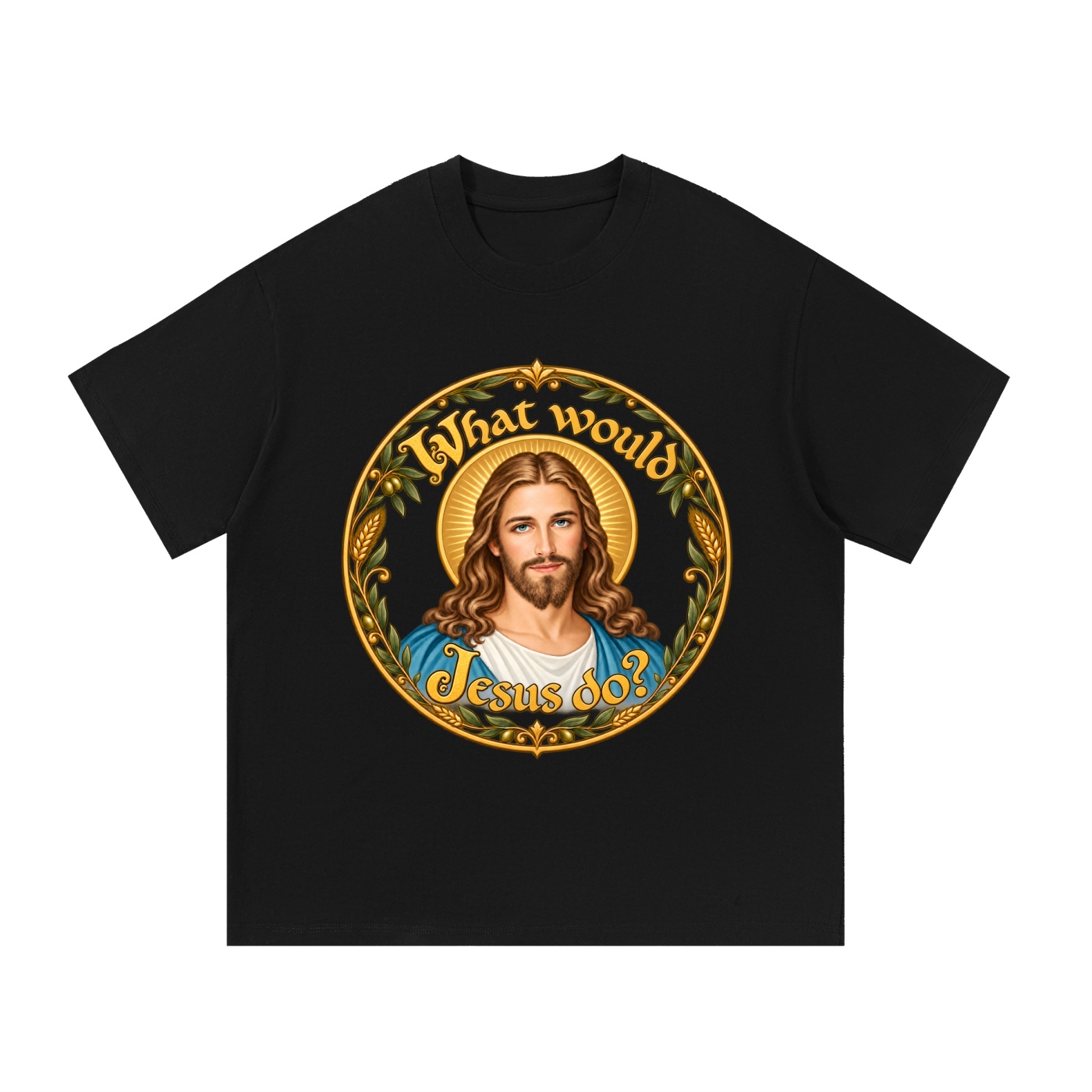What Would Jesus Do? (Porträt und Goldschrift, Variante 1) – T-Shirt
