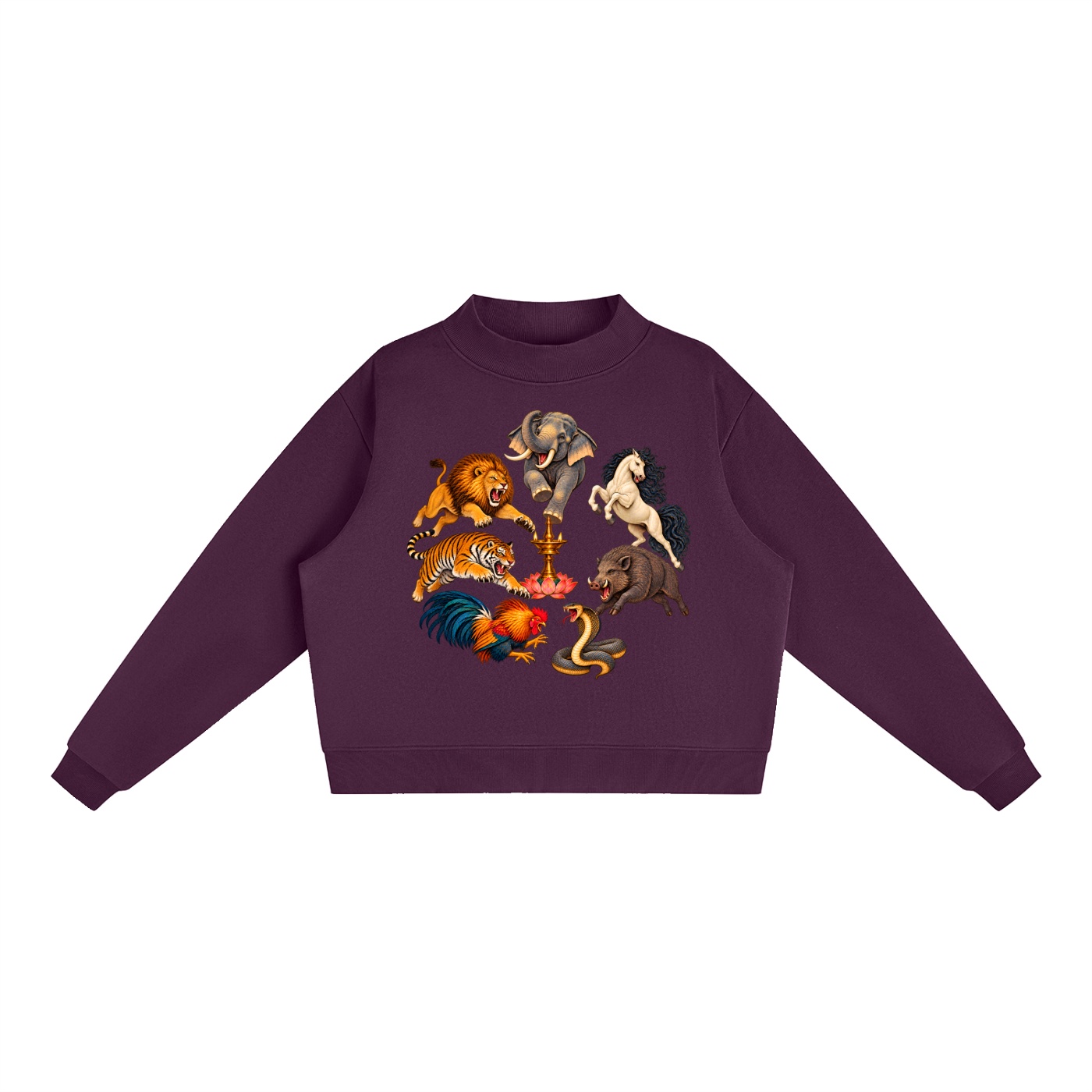Kalari A – Damen-Fleece-Sweatshirt, Dynamische Tiere in Dunkelviolett