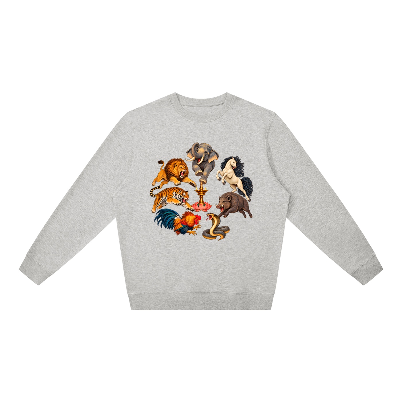 Kalari A – Oversize-Sweatshirt, Dynamische Tiere in Blumengrau