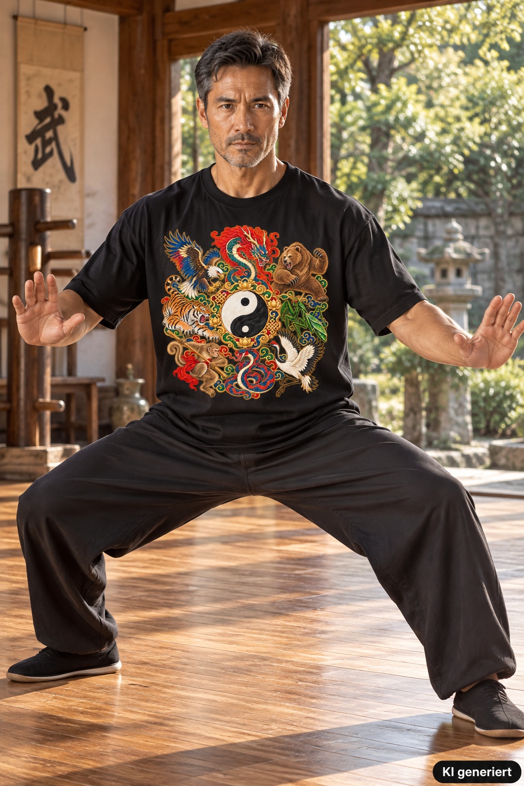 KI-generierte Szene: All Style Kung Fu – Bear Temple Gold – T-Shirt – Produktansicht