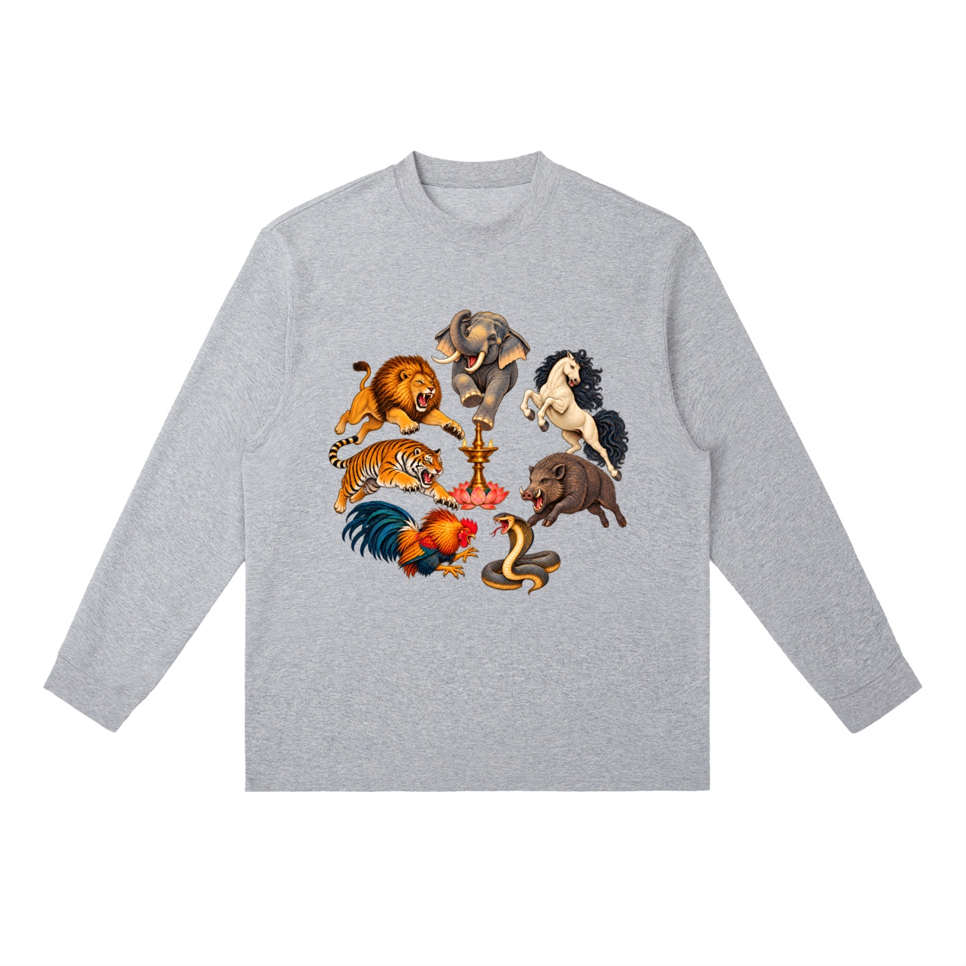 Kalari A – Langarmshirt, Dynamische Tiere in Blumengrau