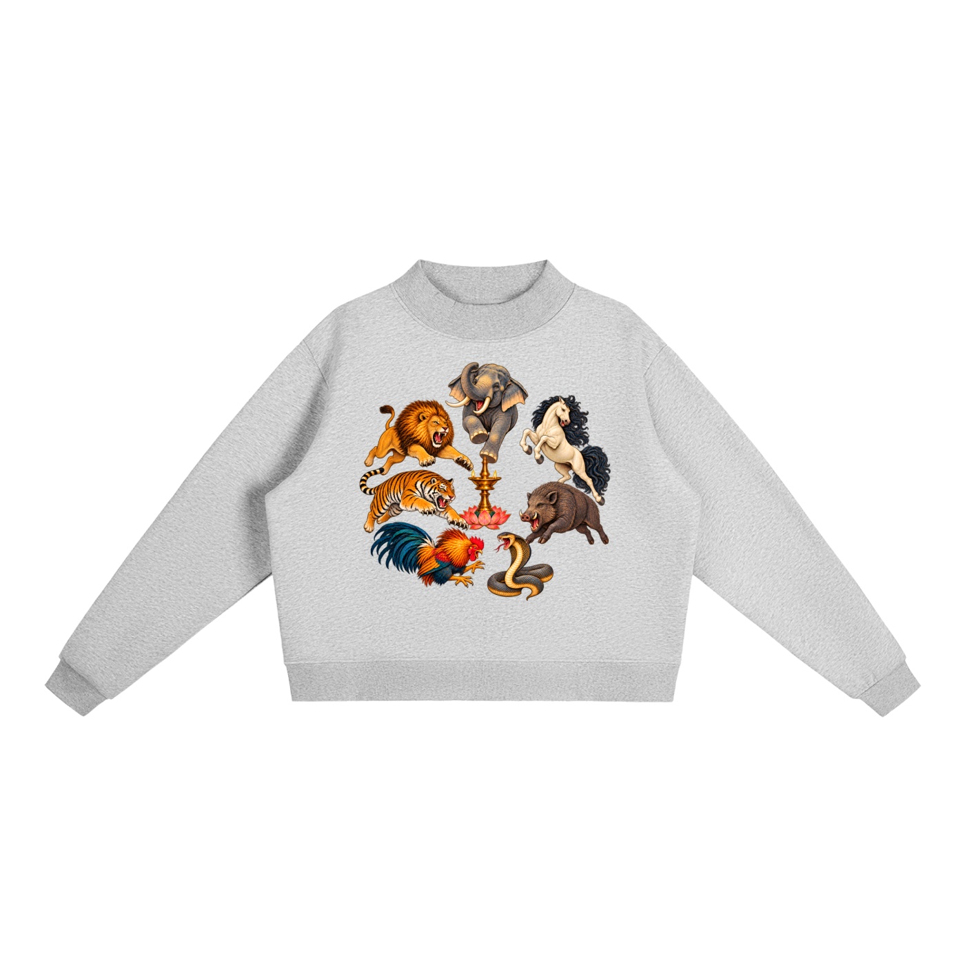 Kalari A – Damen-Fleece-Sweatshirt, Dynamische Tiere in Blumengrau