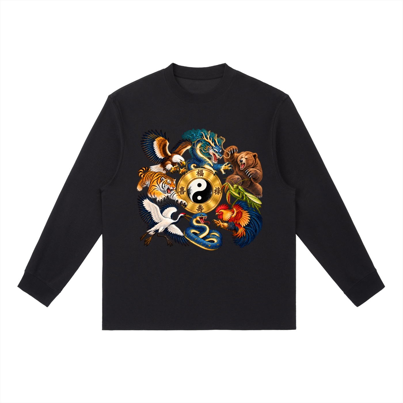 Kung-Fu B – Langarmshirt, Dynamische Tiere in Schwarz