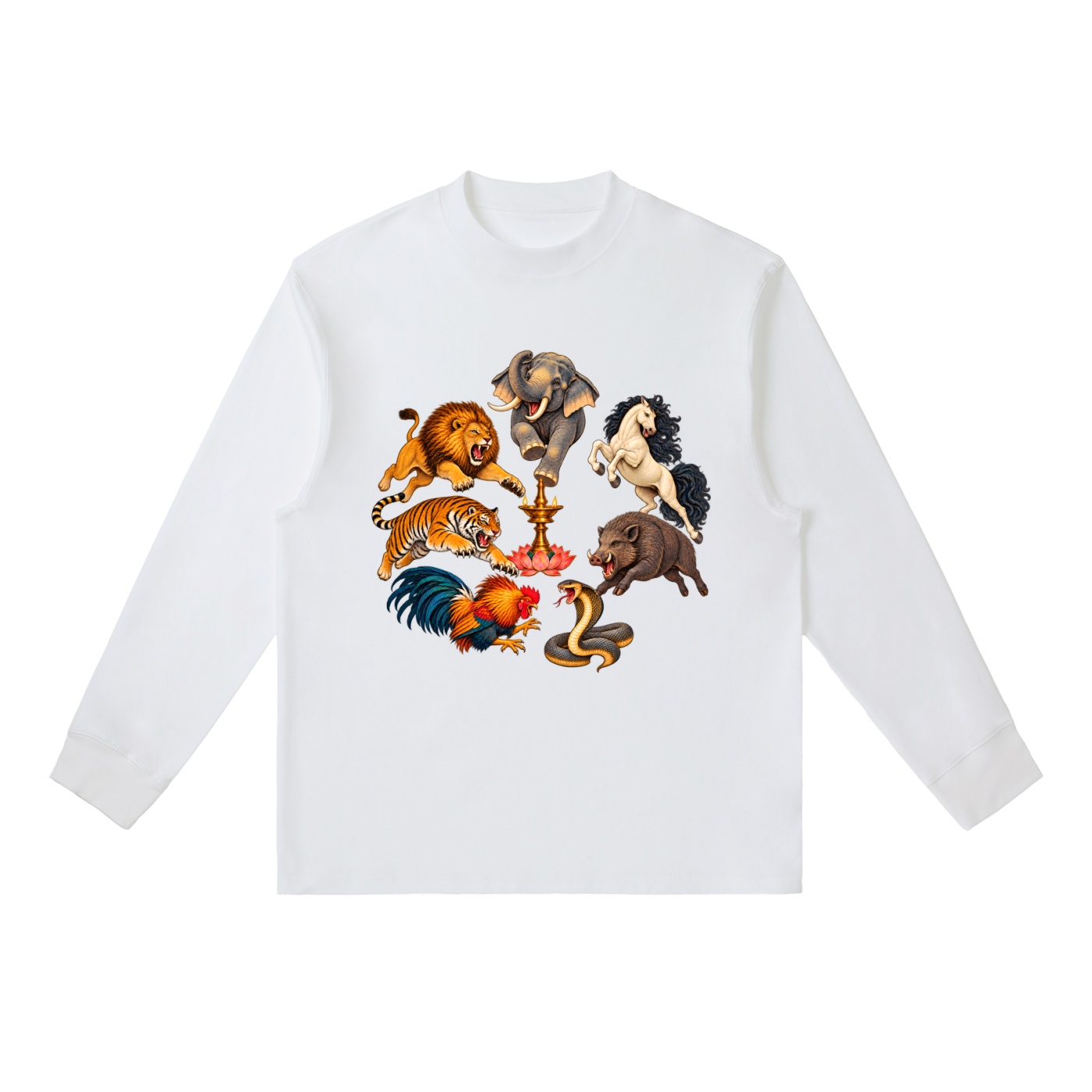 Kalari A – Langarmshirt, Dynamische Tiere in Weiß