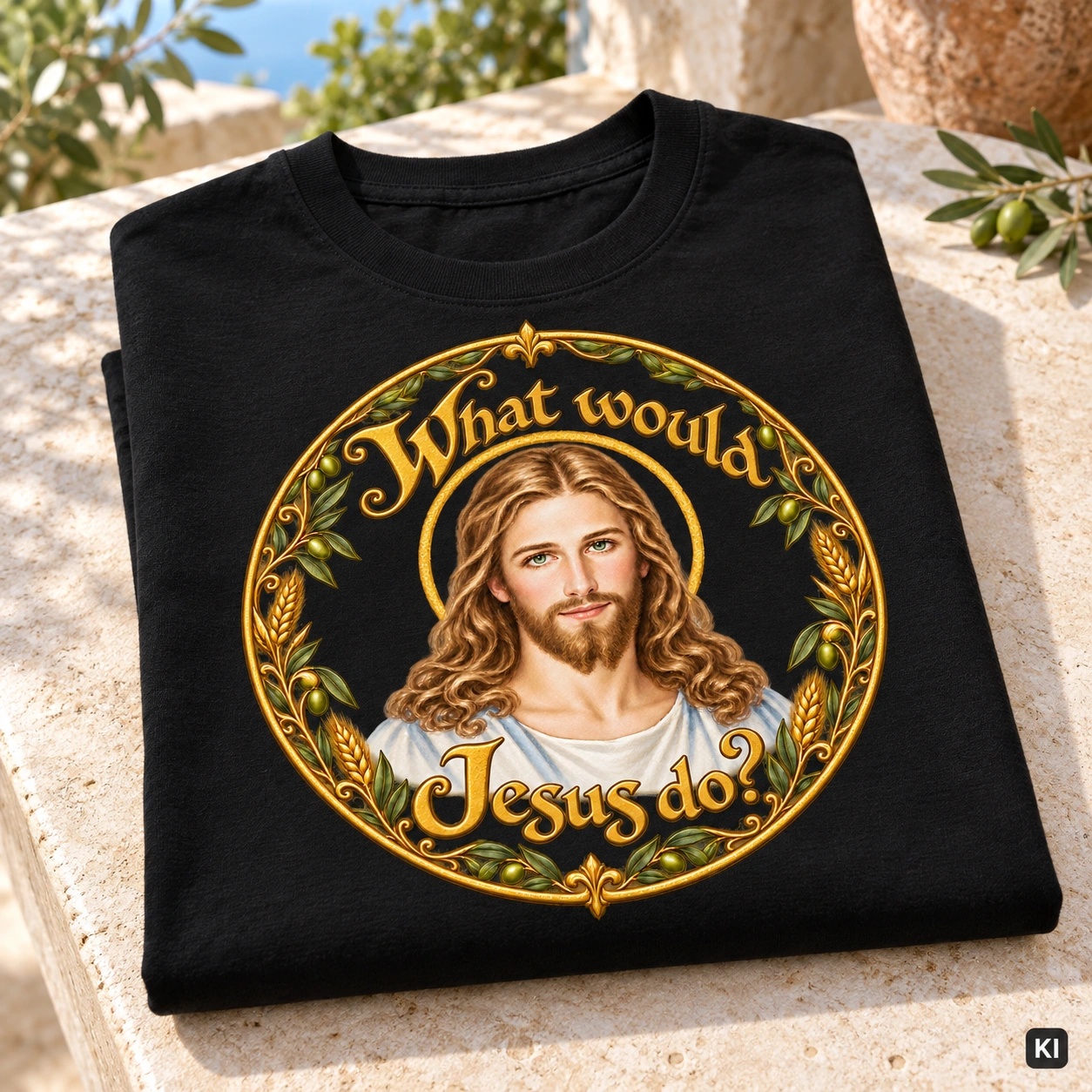 Was würde Jesus tun? Porträt-Kranz (Variante 4) – T-Shirt – Bild 3
