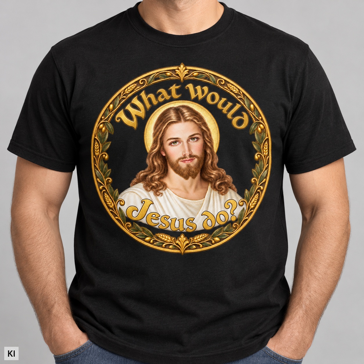 Was würde Jesus tun? Porträt-Kranz (Variante 3) – T-Shirt – Bild 6