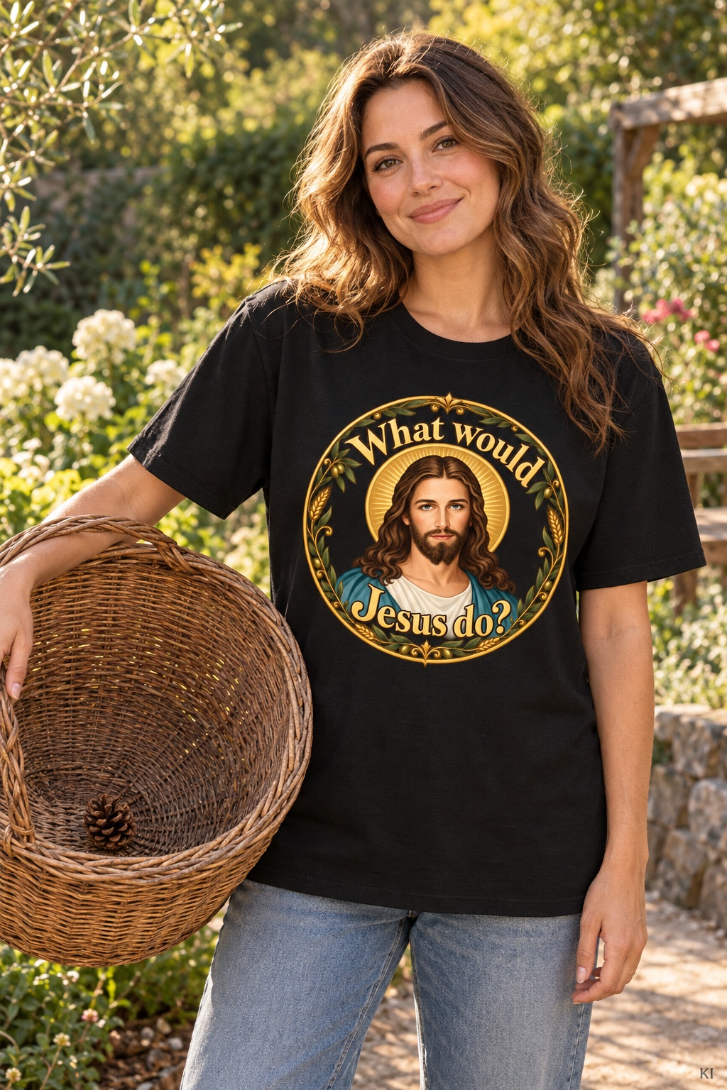 Was würde Jesus tun? Goldener Kranz (Variante 4) – T-Shirt – Bild 4