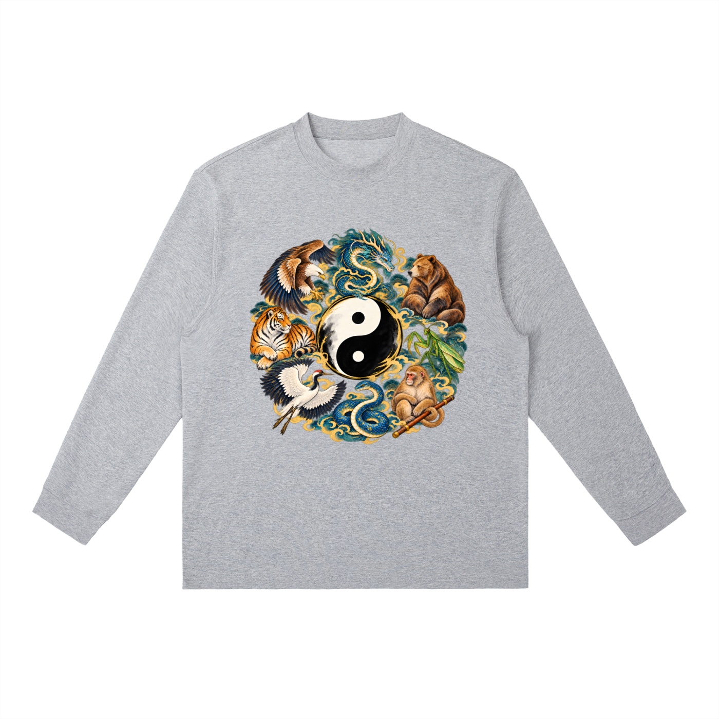 Kung Fu Tierkreis mit Bär – Langarmshirt Unisex in Blumengrau