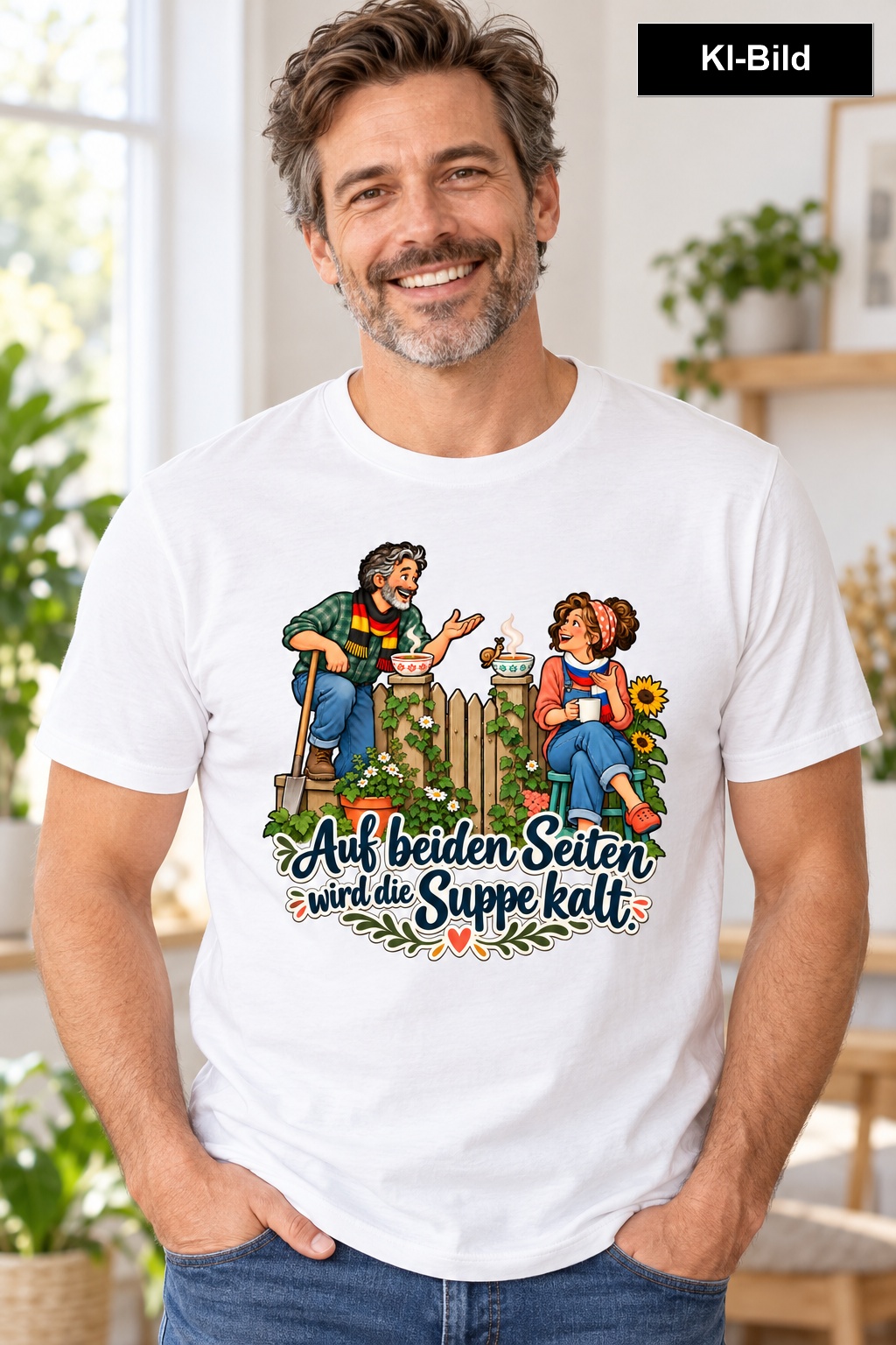 Auf beiden Seiten wird die Suppe kalt. (Nachbarn am Gartenzaun) – T-Shirt · Motiv 2 – Bild 7