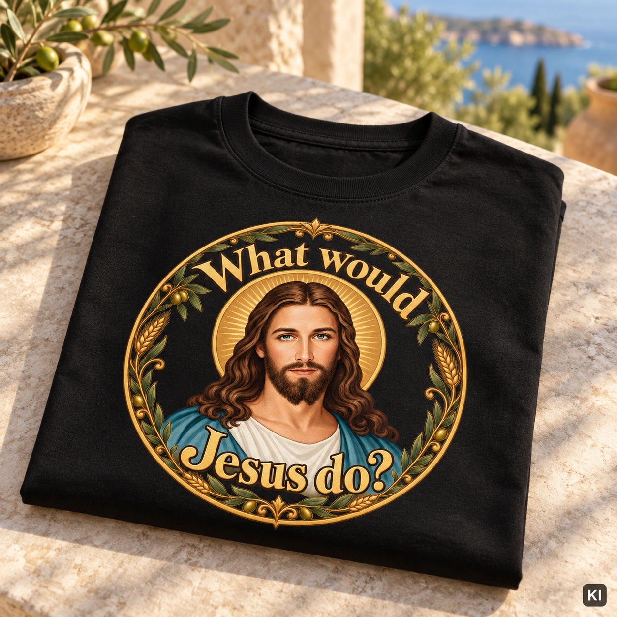 Was würde Jesus tun? Goldener Kranz (Variante 4) – T-Shirt – Bild 3