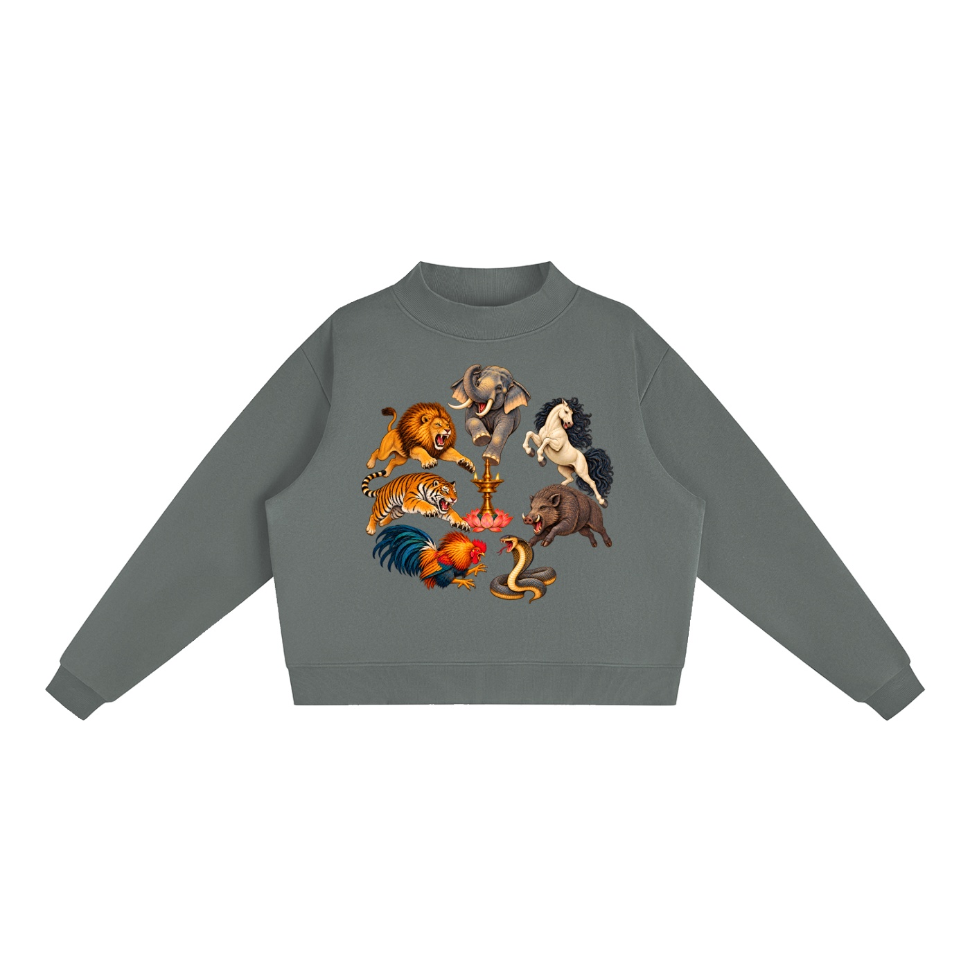 Kalari A – Damen-Fleece-Sweatshirt, Dynamische Tiere in Dunkelgrau