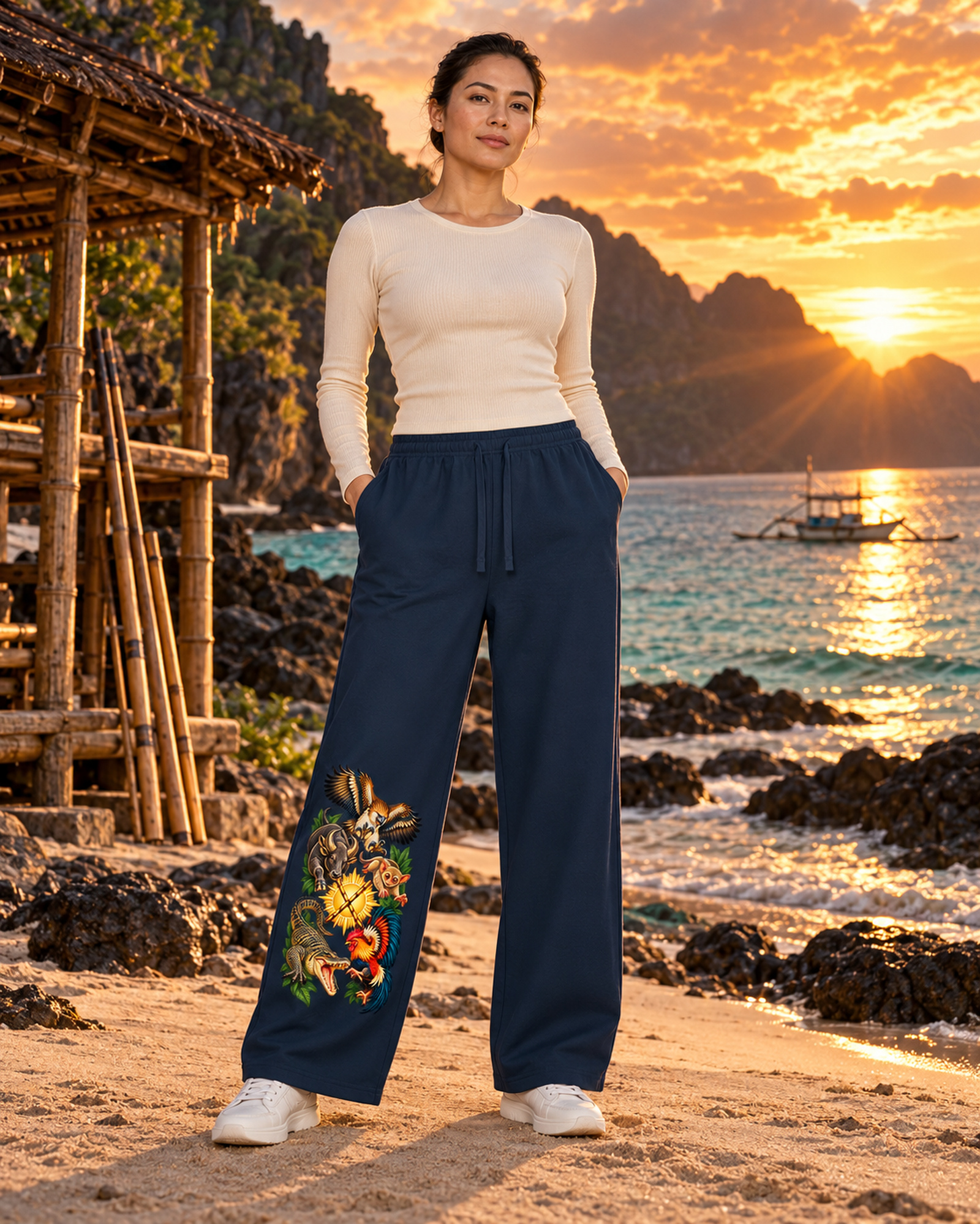 Frau in Sporthose mit Phil-A am Inselstrand im Abendlicht.
