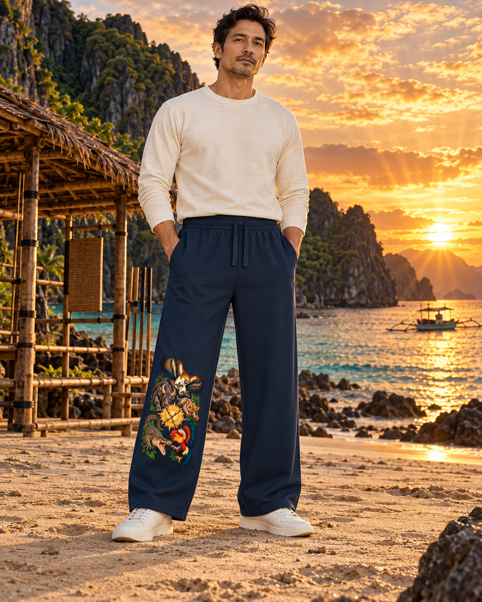 Mann in Sporthose mit Phil-A am Inselstrand im Abendlicht.