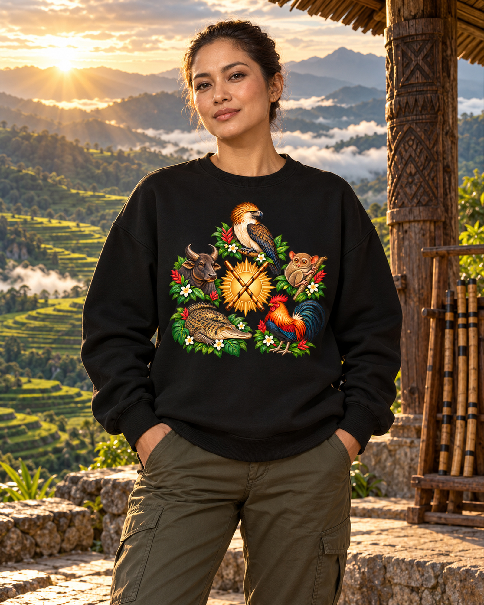 Frau im Sweatshirt mit Phil-A vor Reisterrassen.
