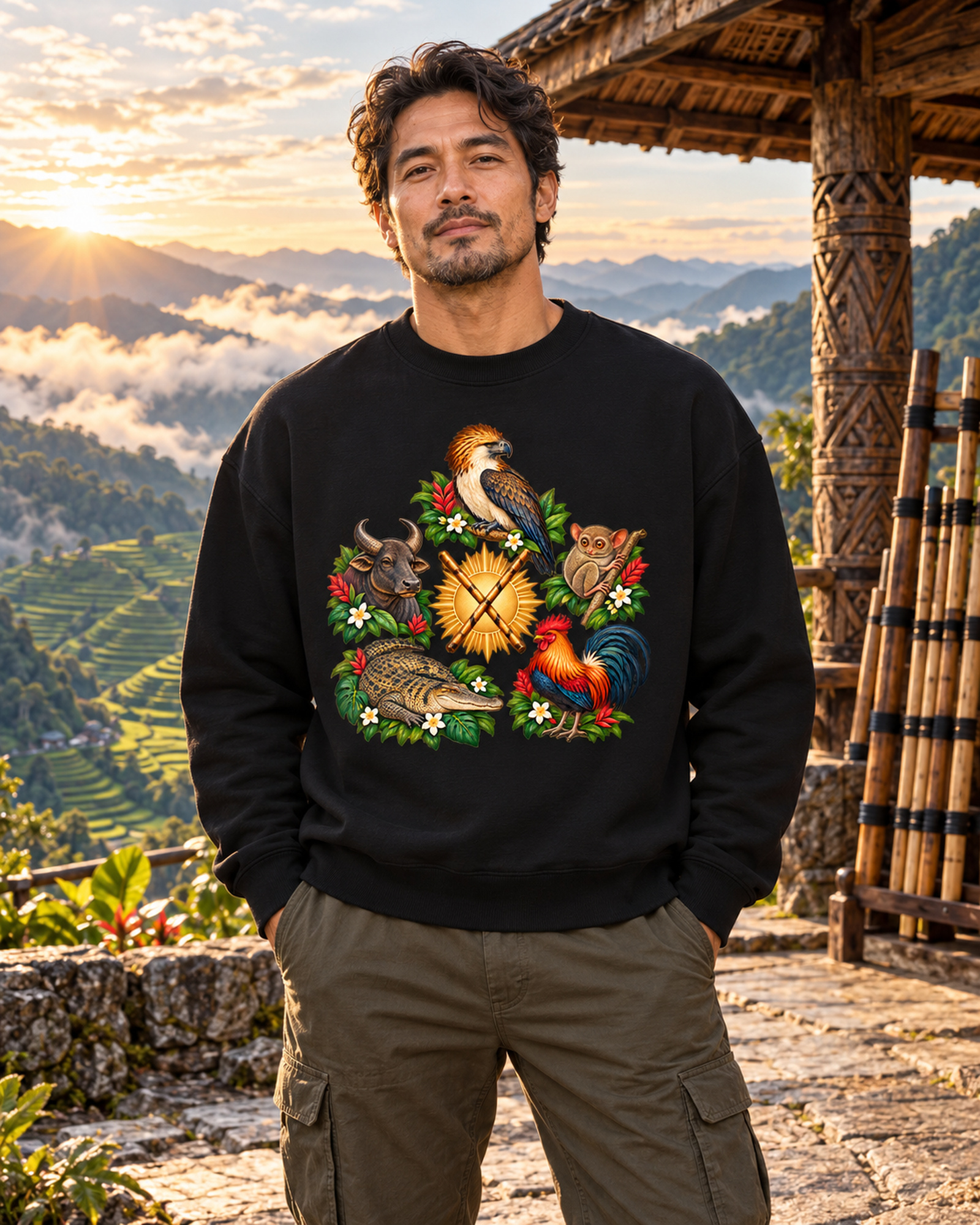 Mann im Sweatshirt mit Phil-A vor Reisterrassen.