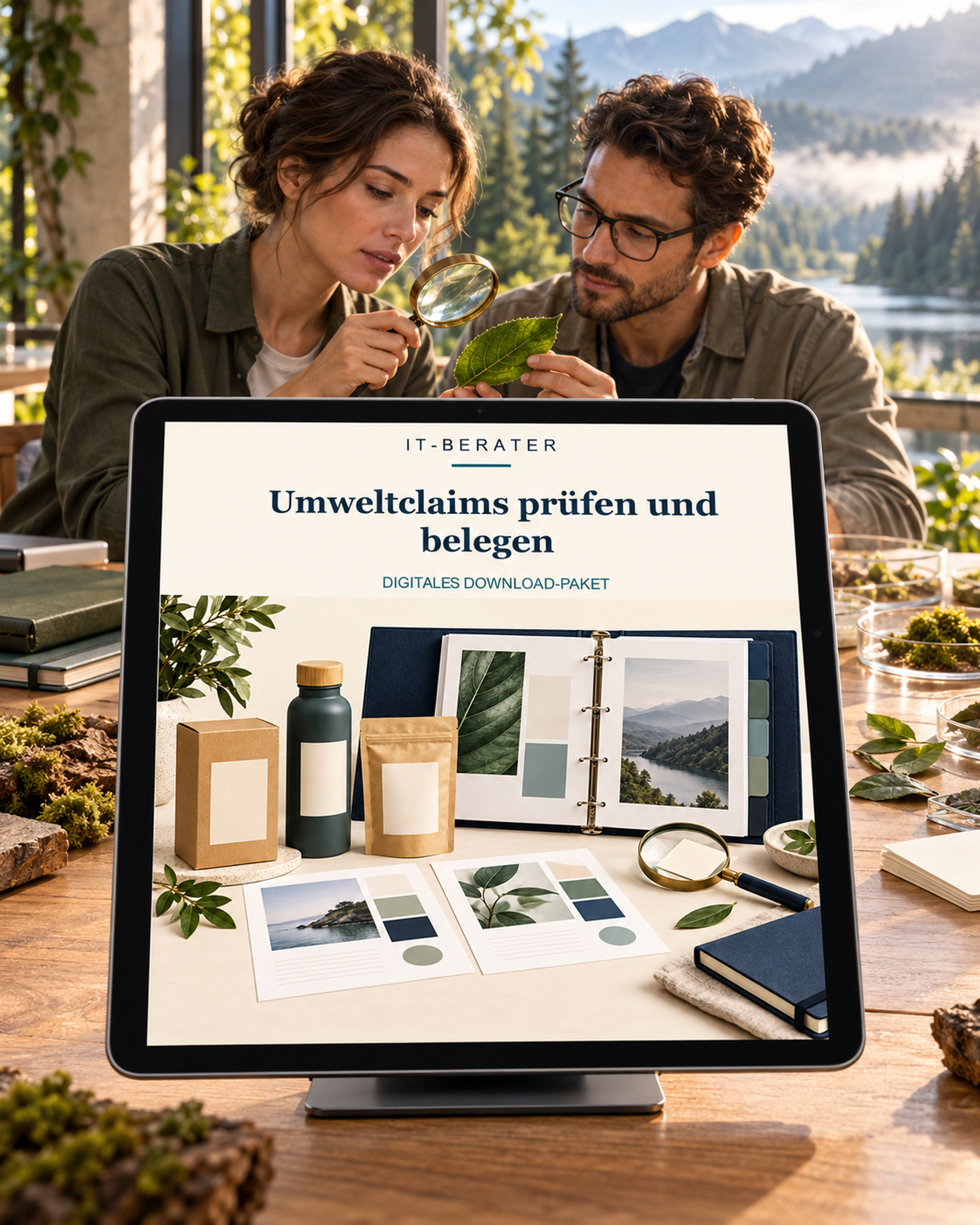 Tablet mit „Umweltclaims prüfen und belegen“ als sichtbarem Produkt in einer passenden Arbeitsszene.