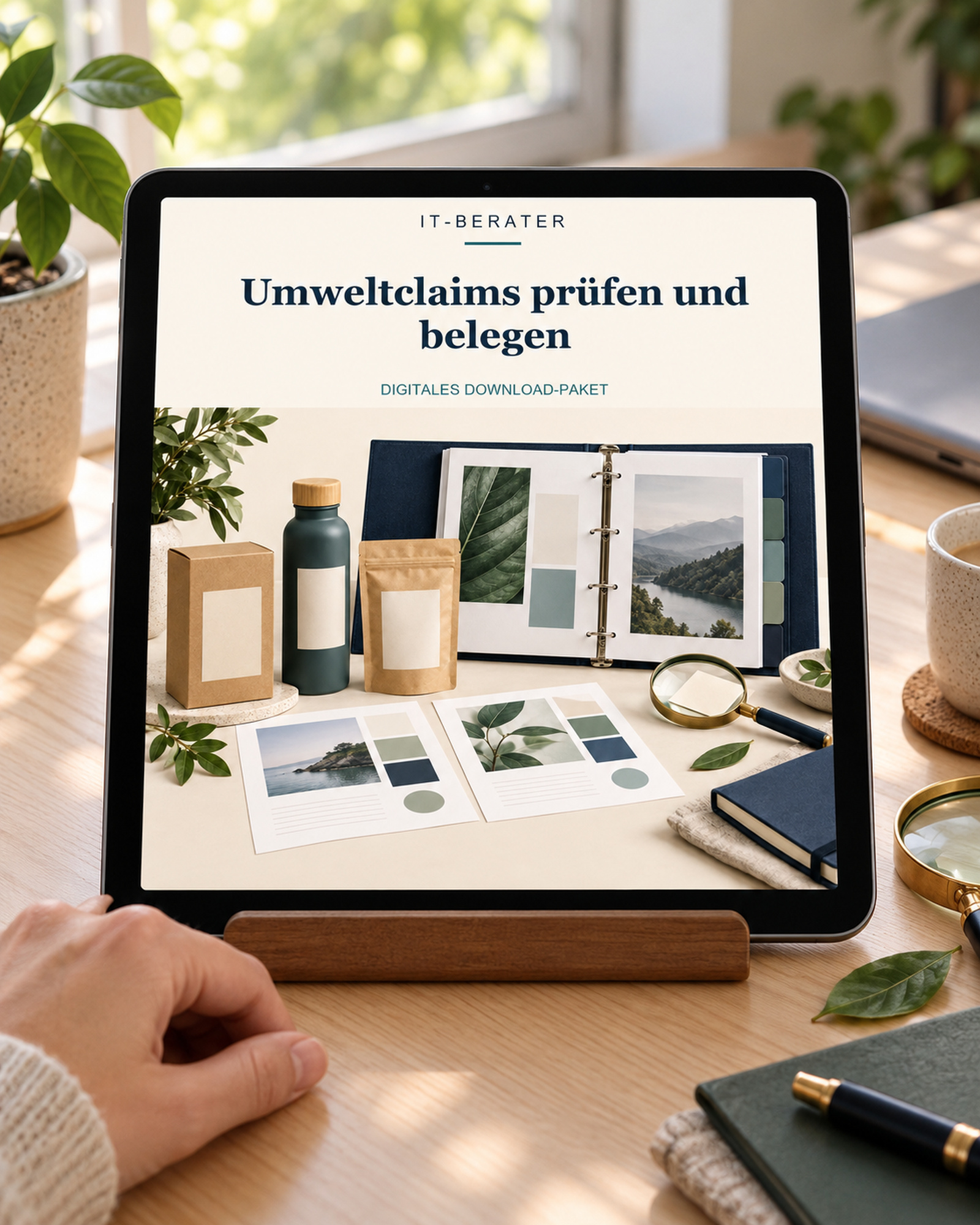 Tablet mit dem Originalcover von „Umweltclaims prüfen und belegen“ am Schreibtisch.