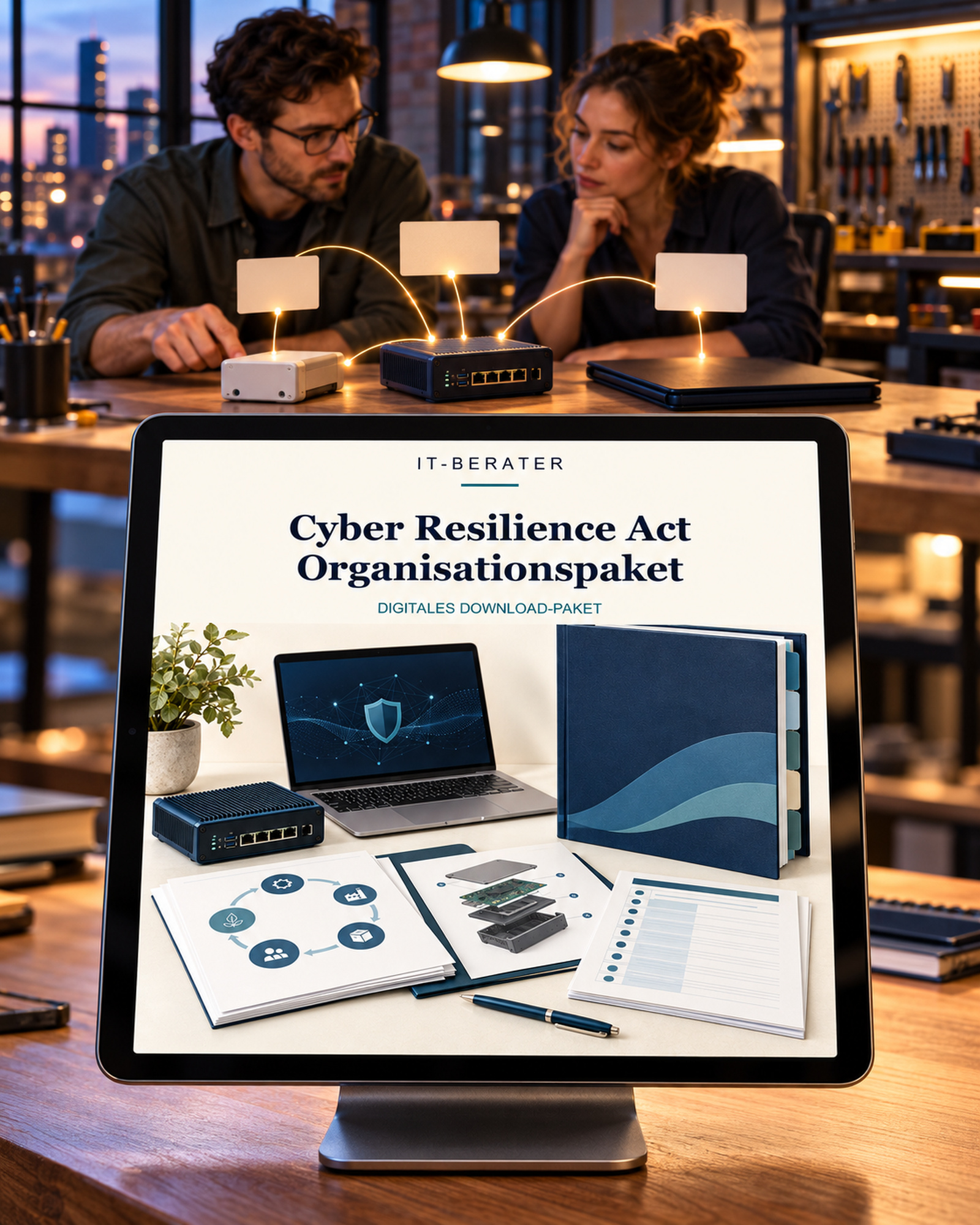 Tablet mit „Cyber Resilience Act“ als sichtbarem Produkt in einer passenden Arbeitsszene.