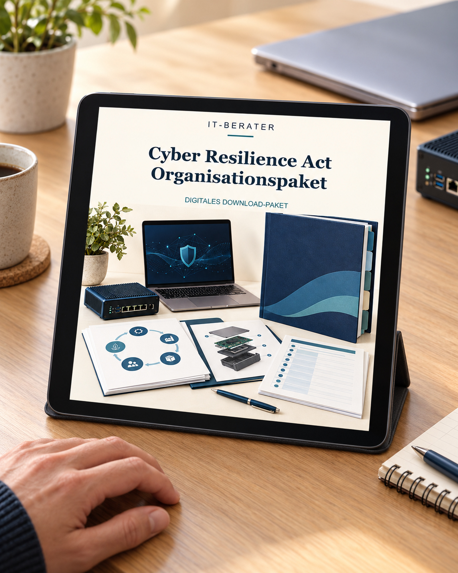 Tablet mit dem Originalcover von „Cyber Resilience Act Organisationspaket“ am Schreibtisch.