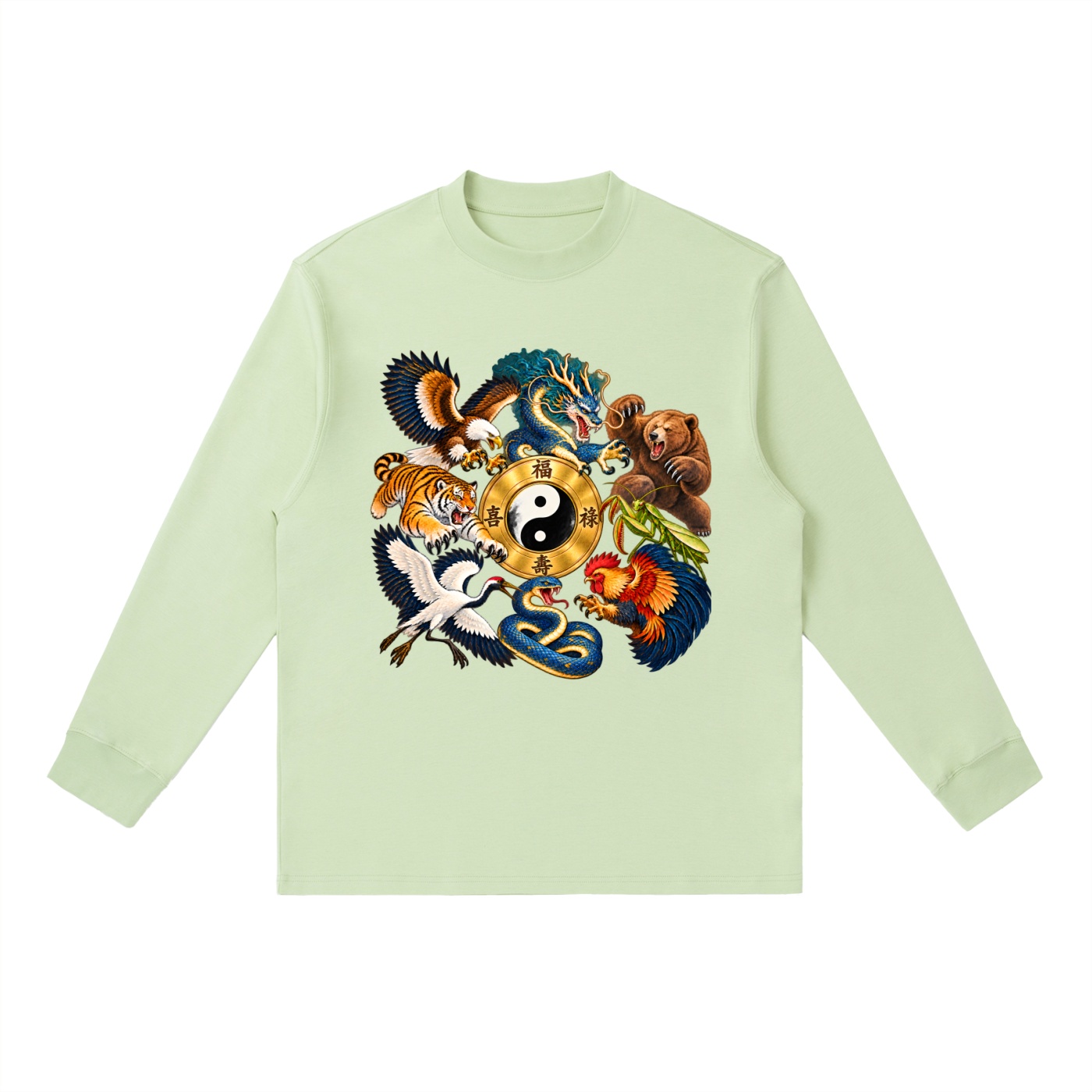 Kung-Fu B – Langarmshirt, Dynamische Tiere in Bohnengrün