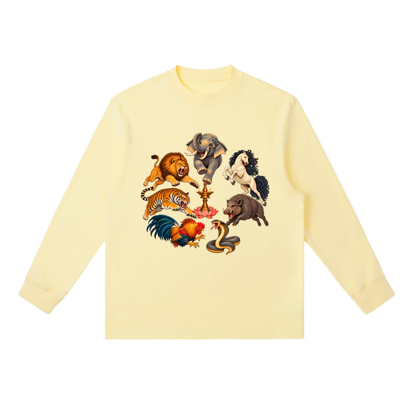 Kalari A – Langarmshirt, Dynamische Tiere in Gelbcreme