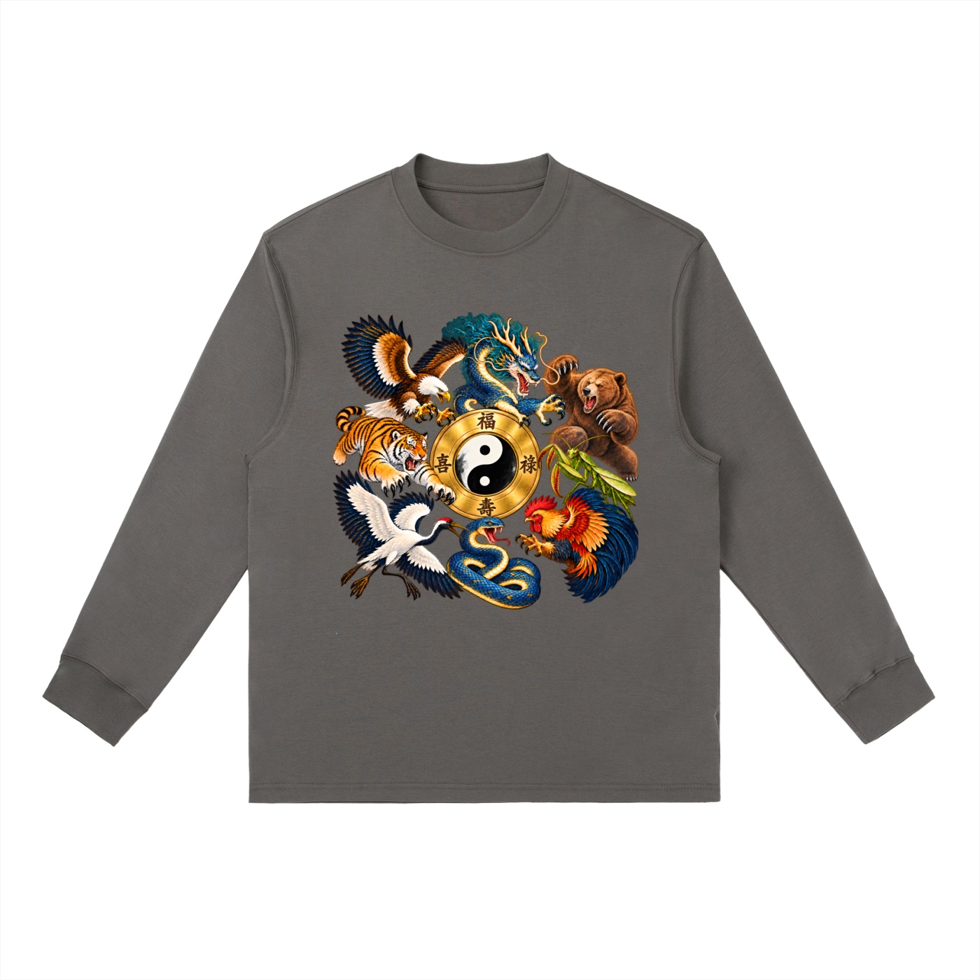 Kung-Fu B – Langarmshirt, Dynamische Tiere in Dunkelgrau
