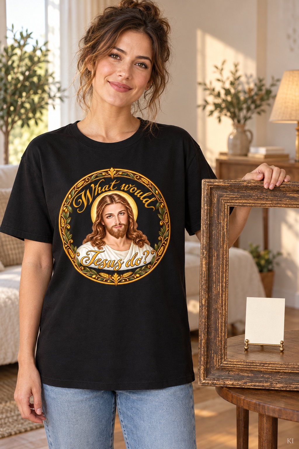 Was würde Jesus tun? Kalligrafie-Kranz – T-Shirt – Bild 4