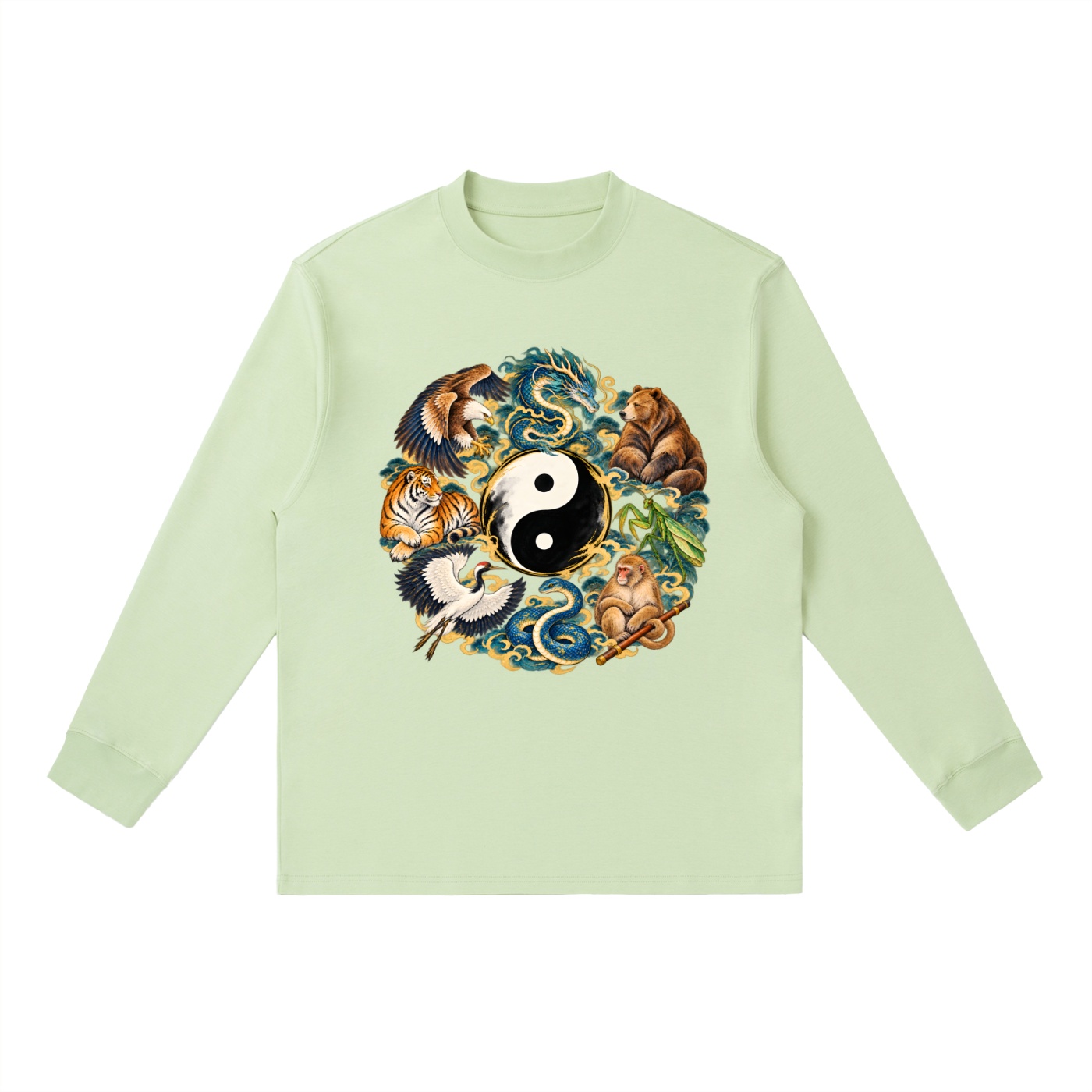 Kung Fu Tierkreis mit Bär – Langarmshirt Unisex in Bohnengrün