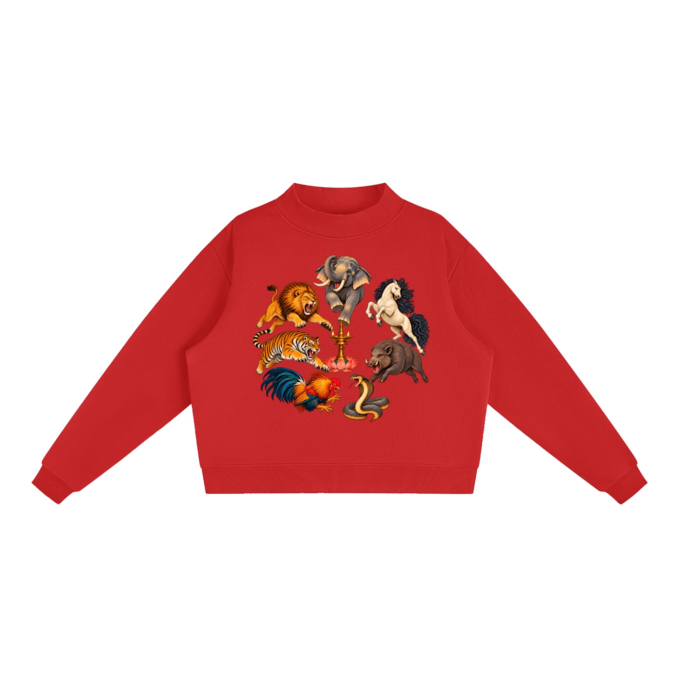 Kalari A – Damen-Fleece-Sweatshirt, Dynamische Tiere in Rot