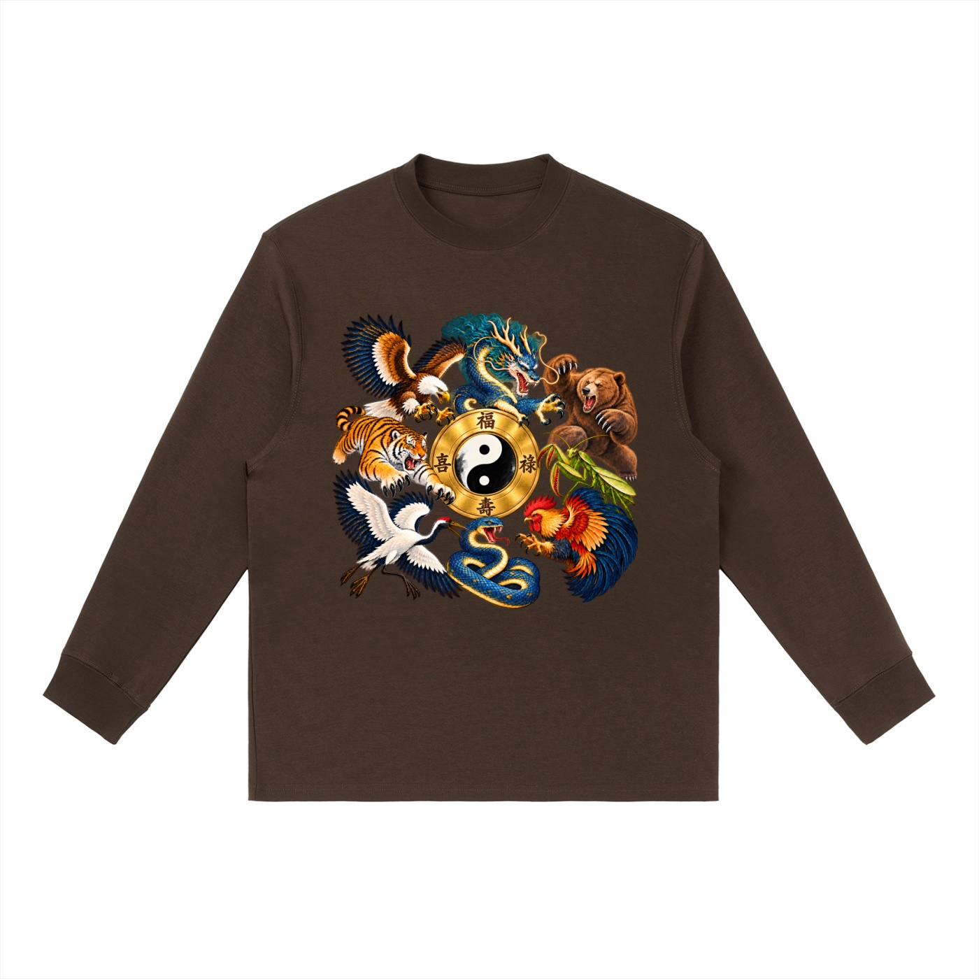 Kung-Fu B – Langarmshirt, Dynamische Tiere in Kaffeebraun