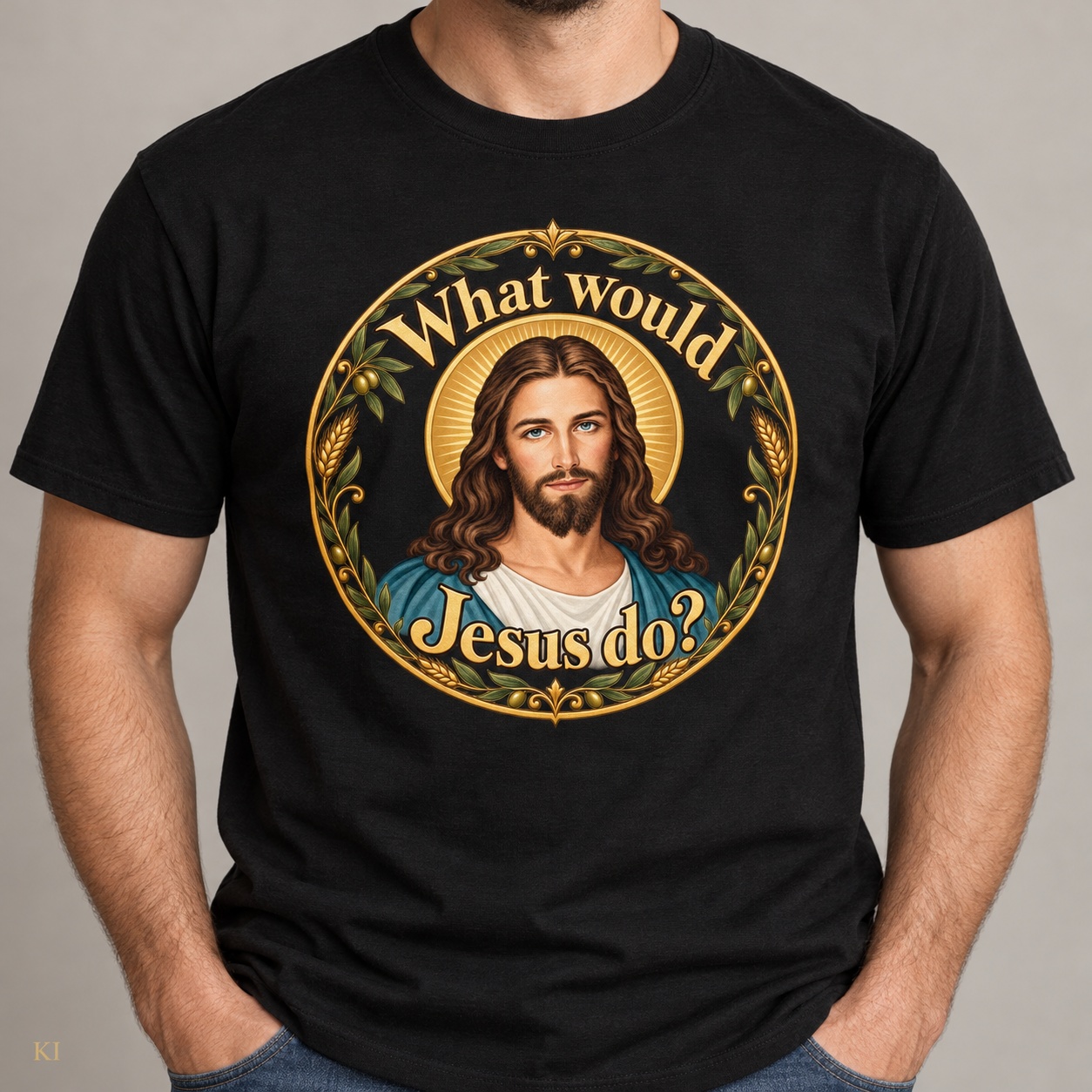 Was würde Jesus tun? Goldener Kranz (Variante 4) – T-Shirt – Bild 6